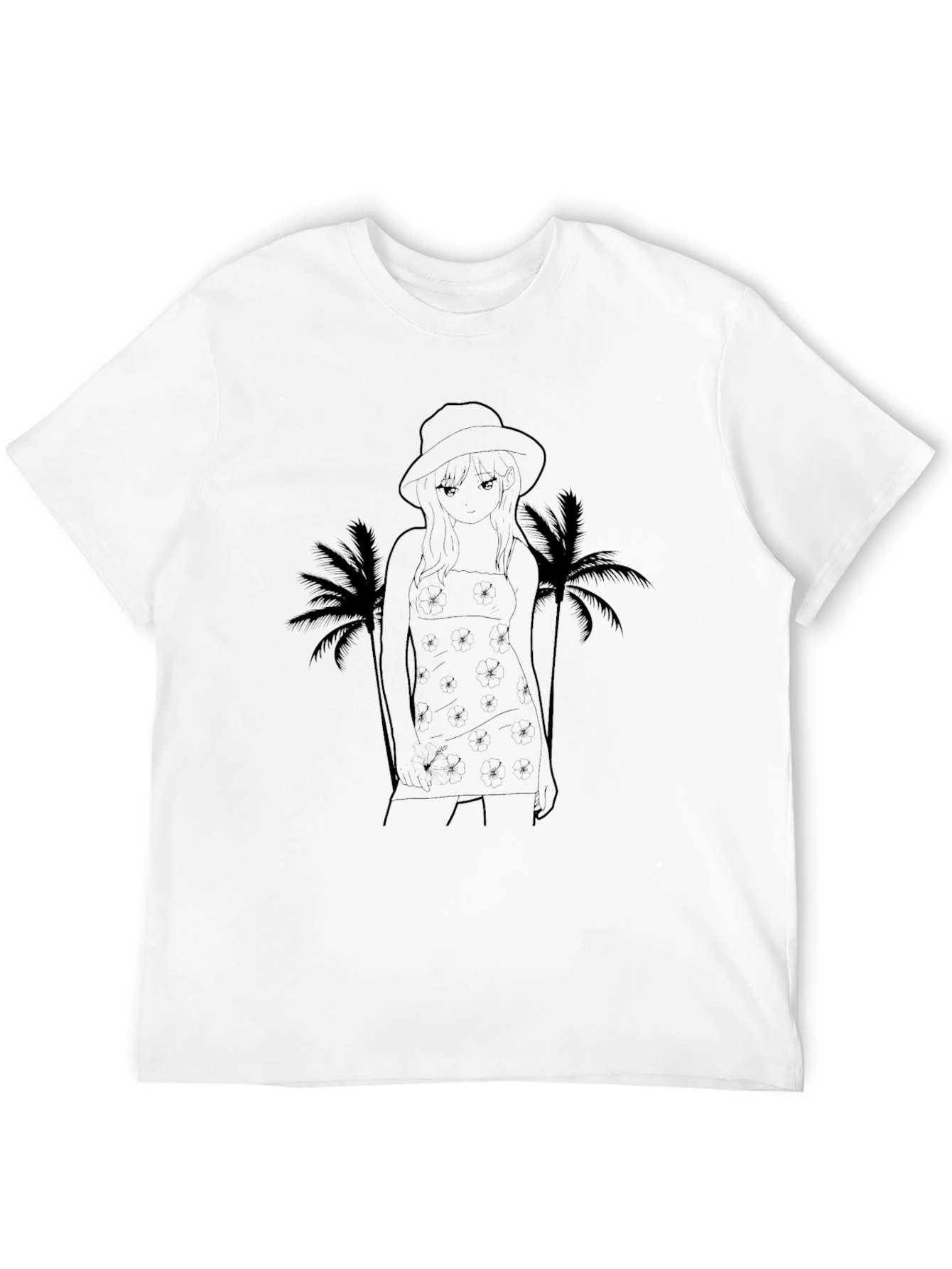Black Graphic T-Shirt: Anime Girl & Palms