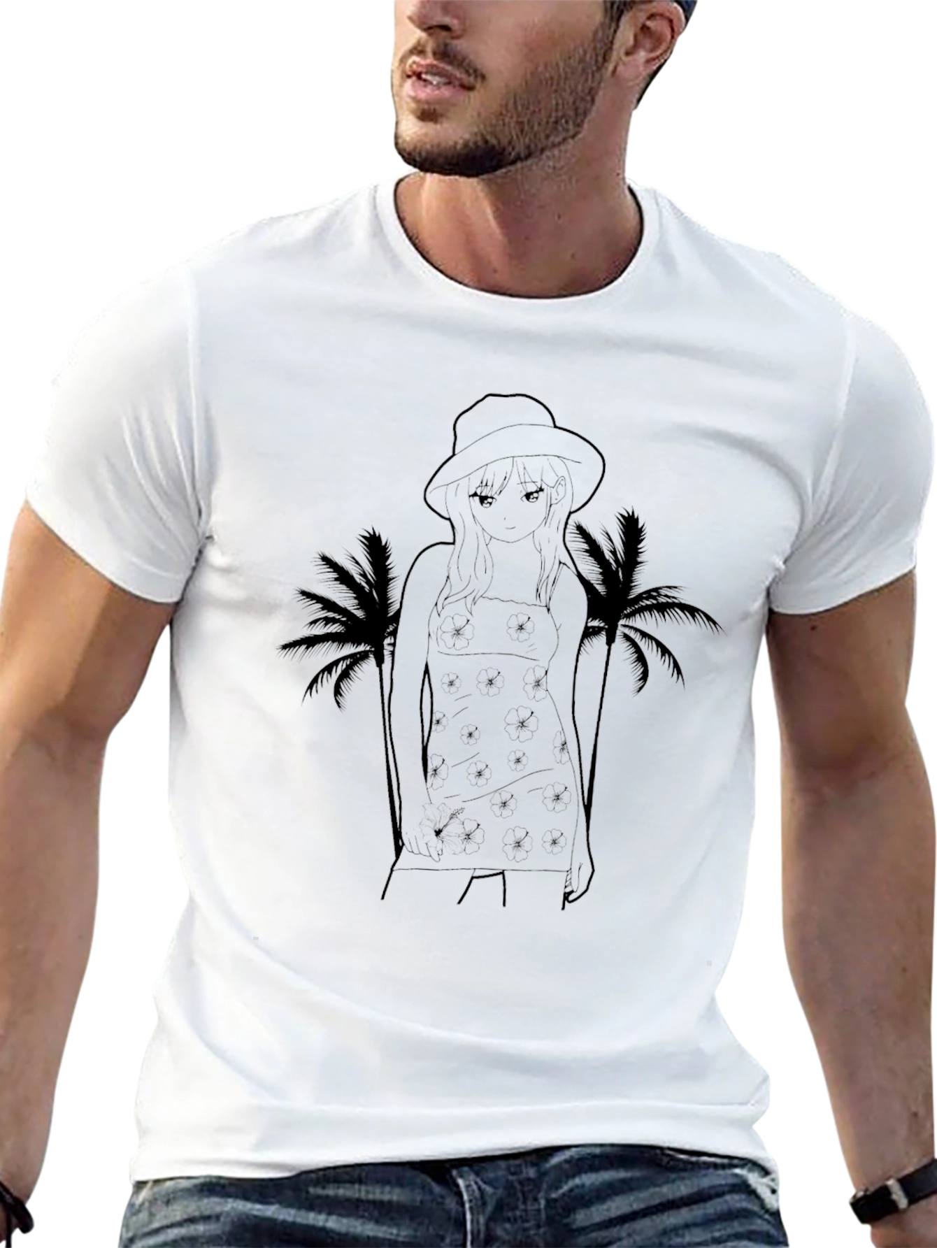 Black Graphic T-Shirt: Anime Girl & Palms