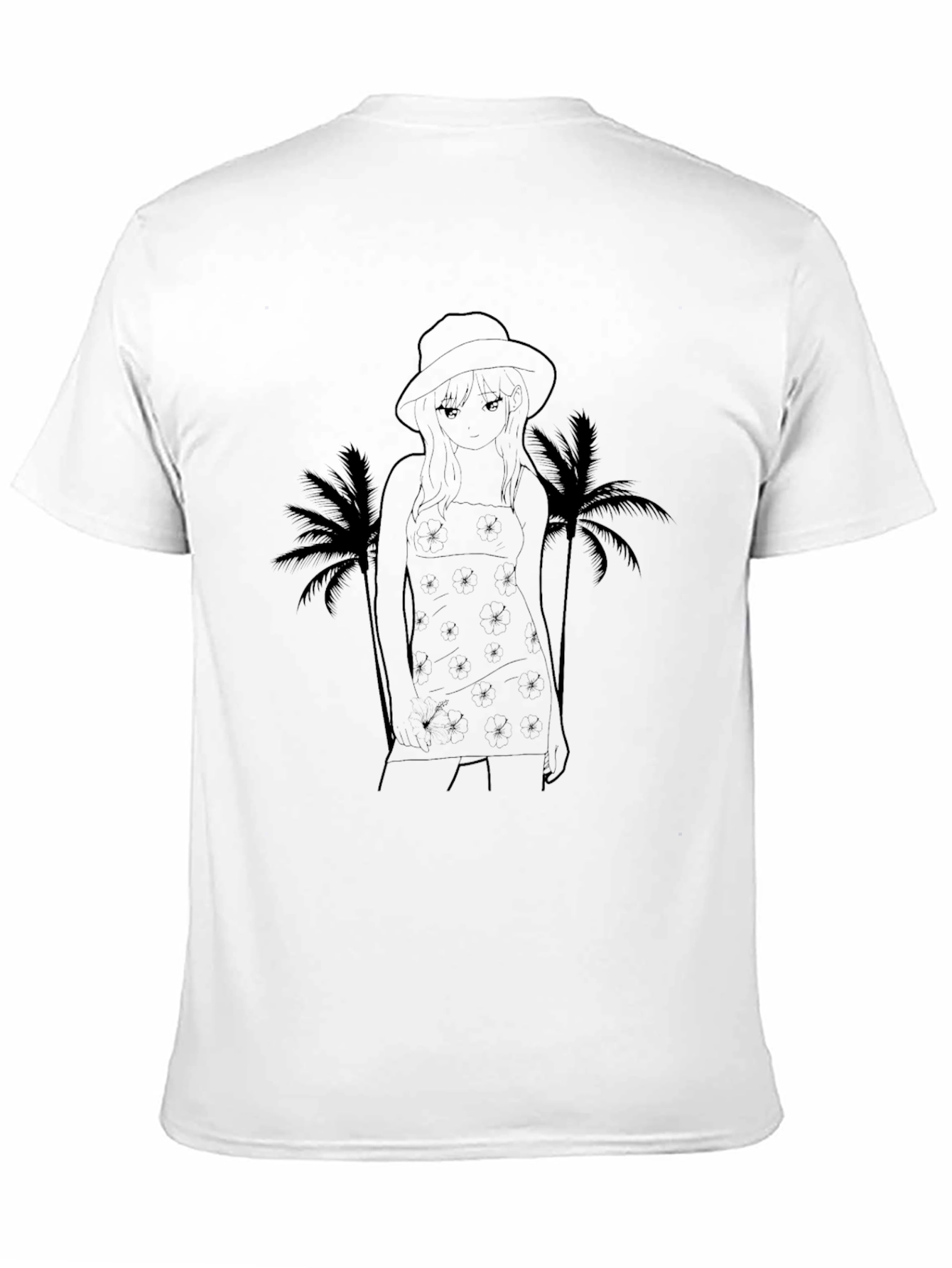 Black Graphic T-Shirt: Anime Girl & Palms