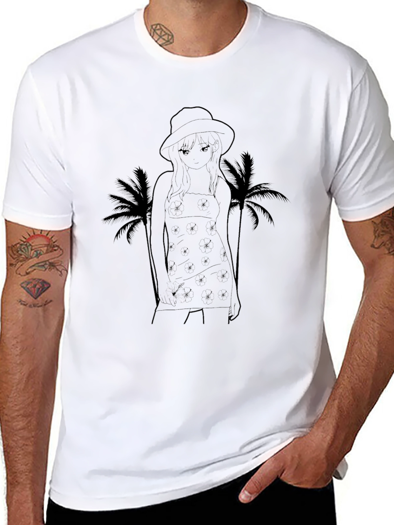 Black Graphic T-Shirt: Anime Girl & Palms
