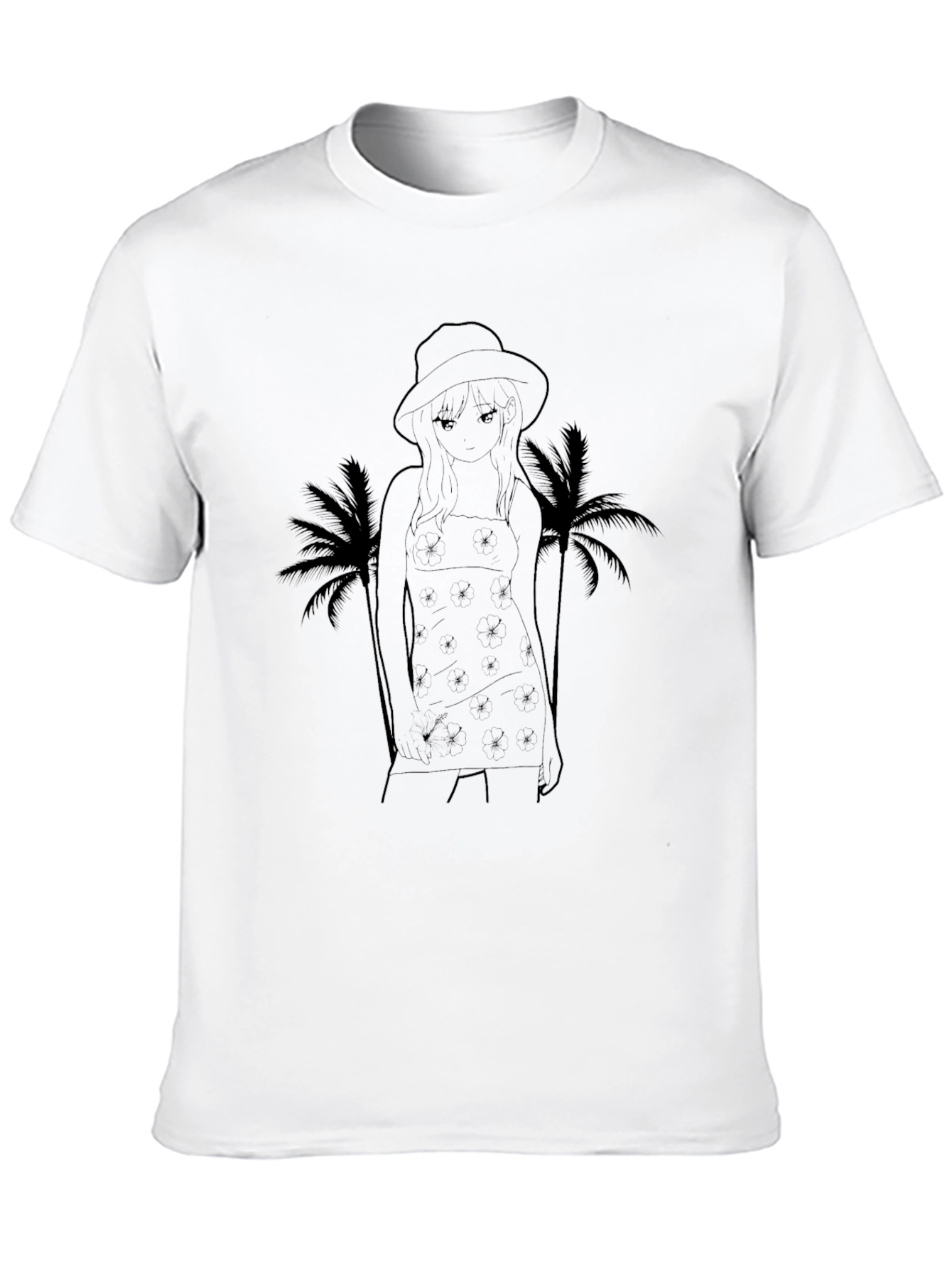 Black Graphic T-Shirt: Anime Girl & Palms
