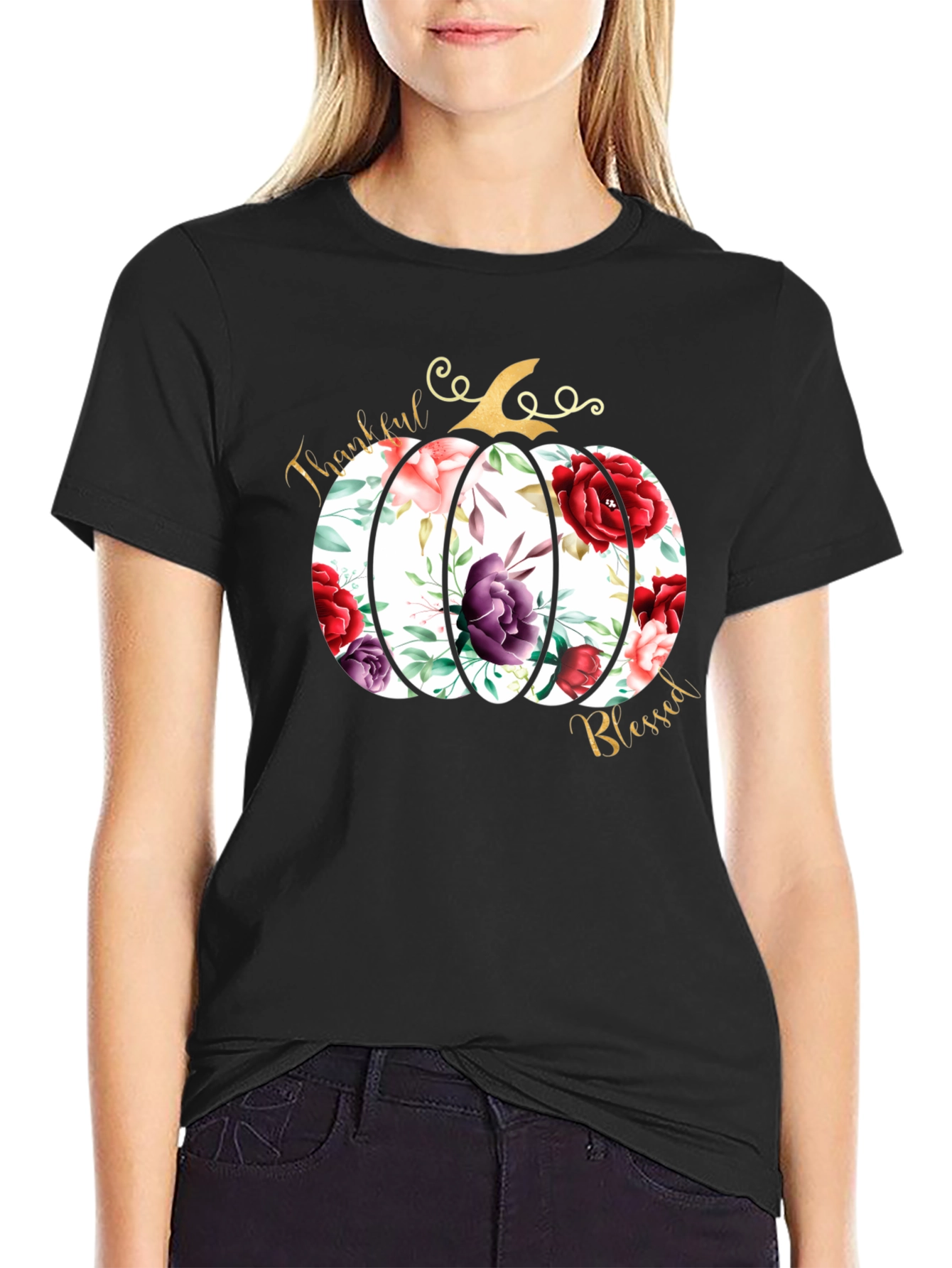 Floral Pumpkin Thankful & Blessed T-Shirt