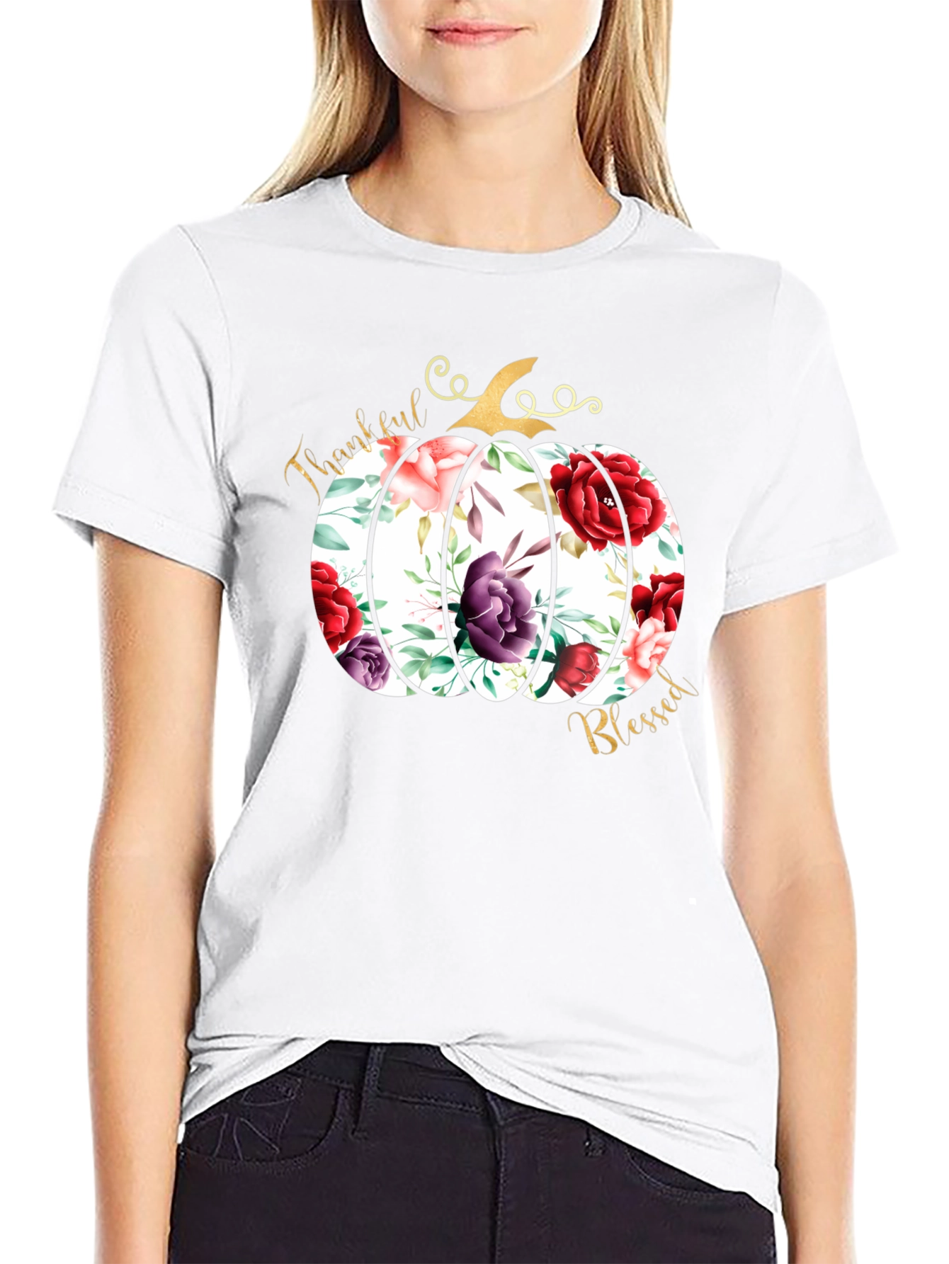 Floral Pumpkin Thankful & Blessed T-Shirt