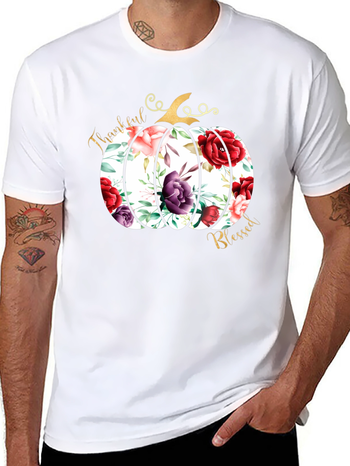Floral Pumpkin Thankful & Blessed T-Shirt