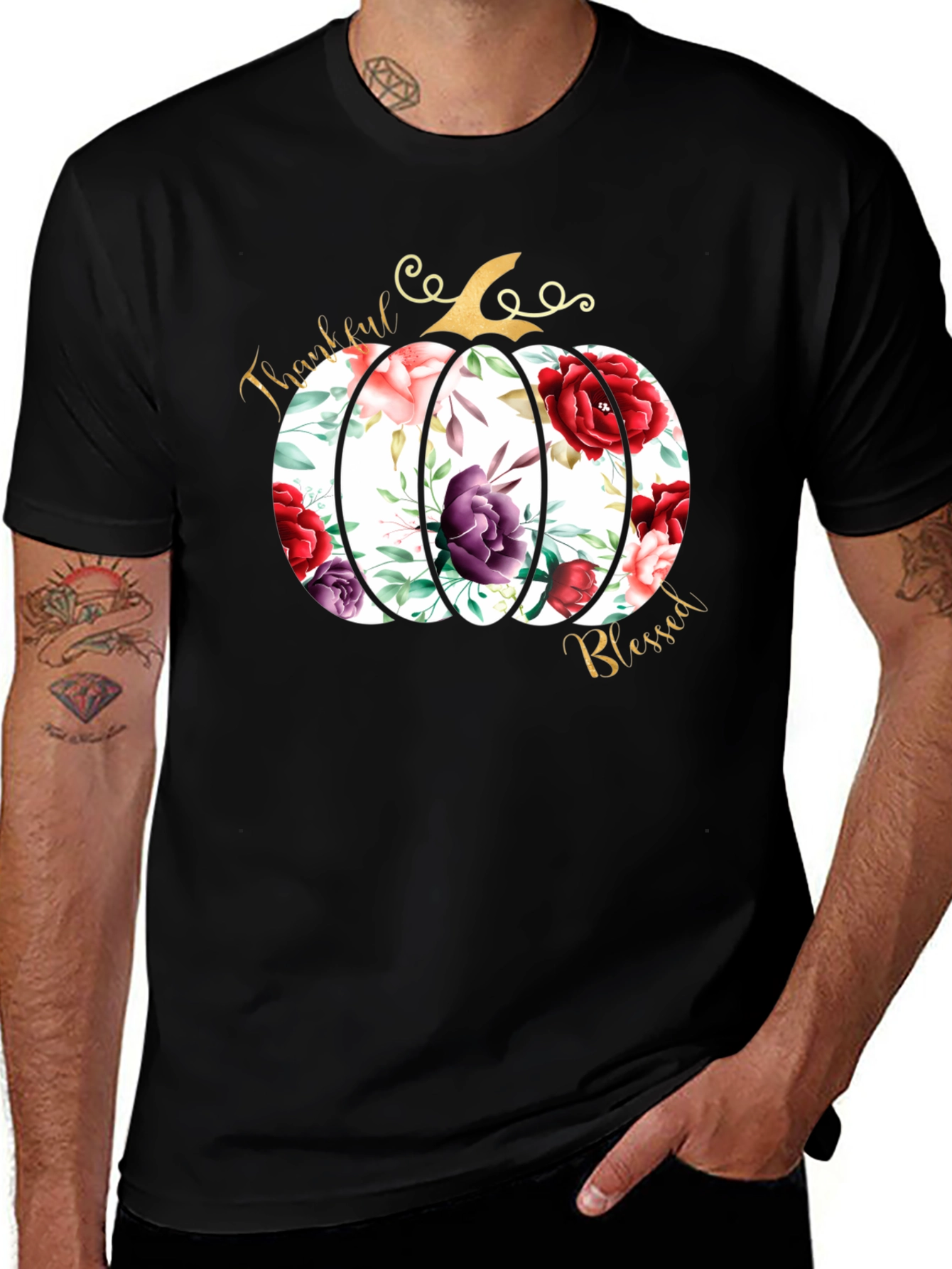 Floral Pumpkin Thankful & Blessed T-Shirt