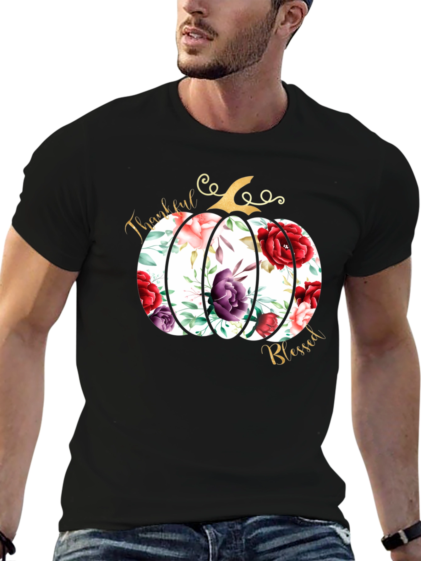Floral Pumpkin Thankful & Blessed T-Shirt