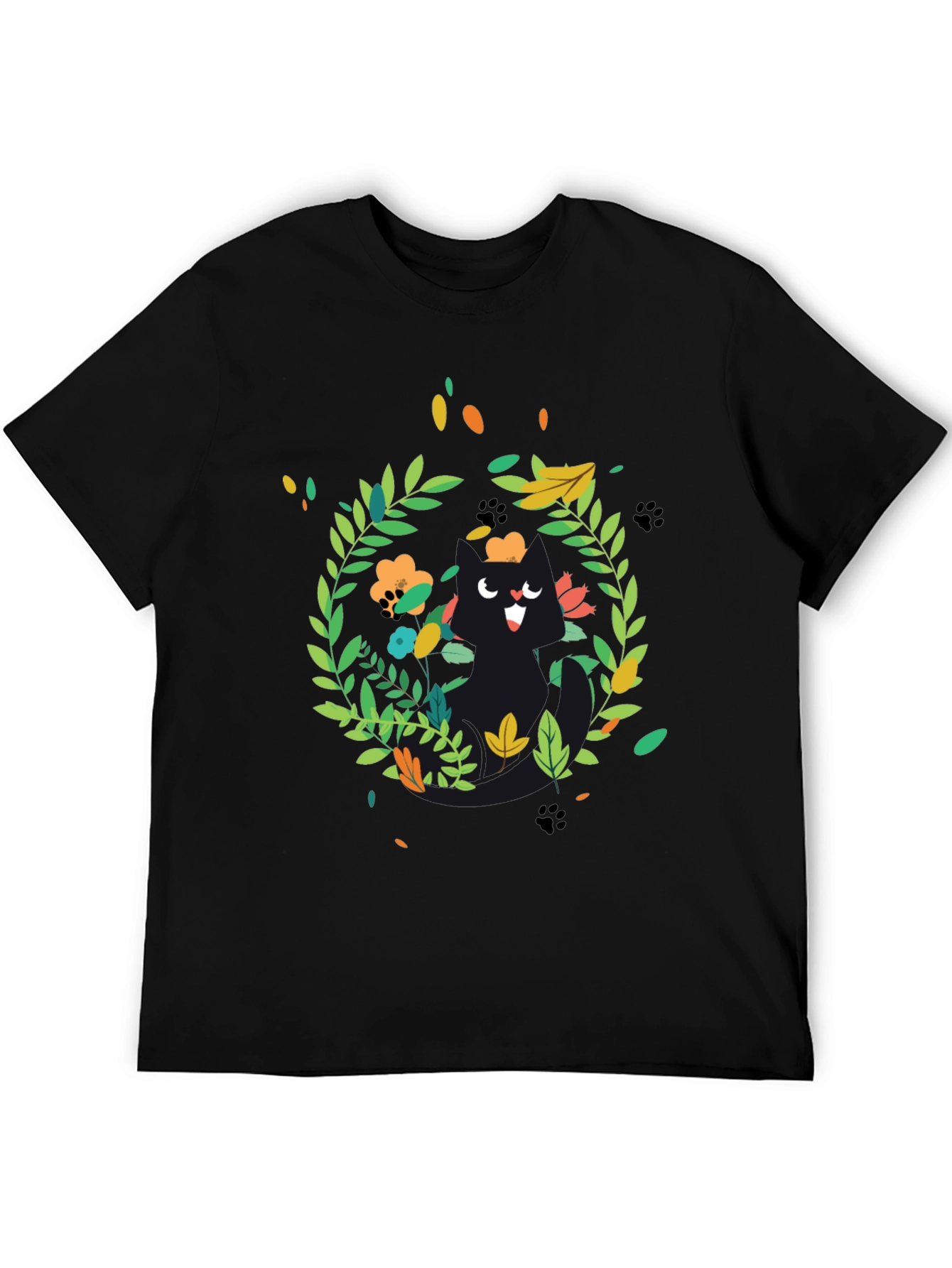 Whimsical Cat Floral Wreath Black T-Shirt