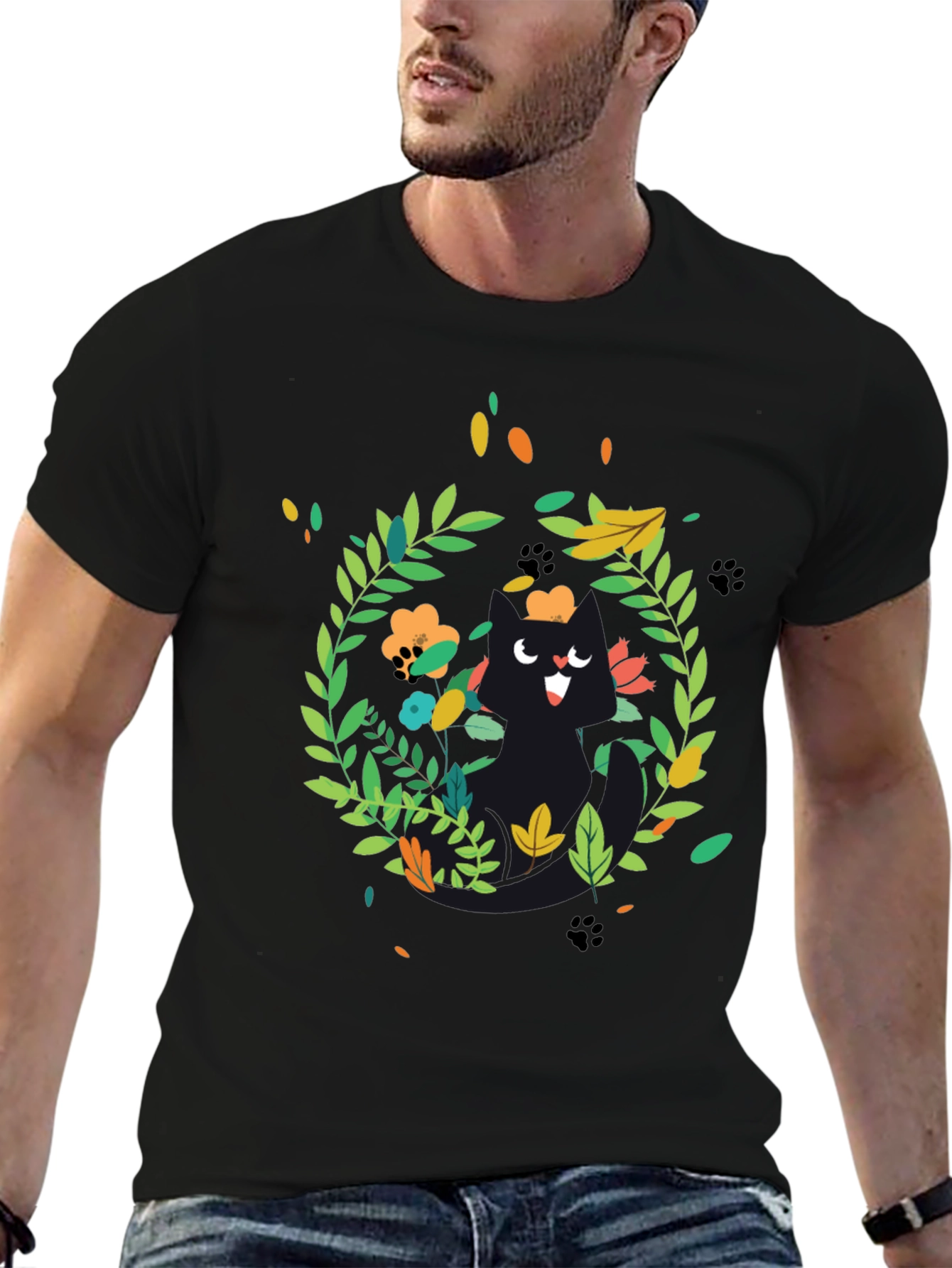 Whimsical Cat Floral Wreath Black T-Shirt