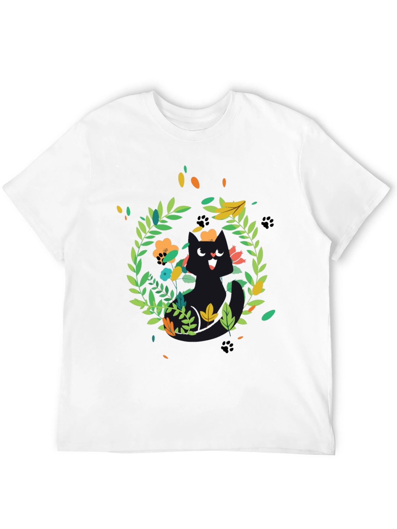 Whimsical Cat Floral Wreath Black T-Shirt