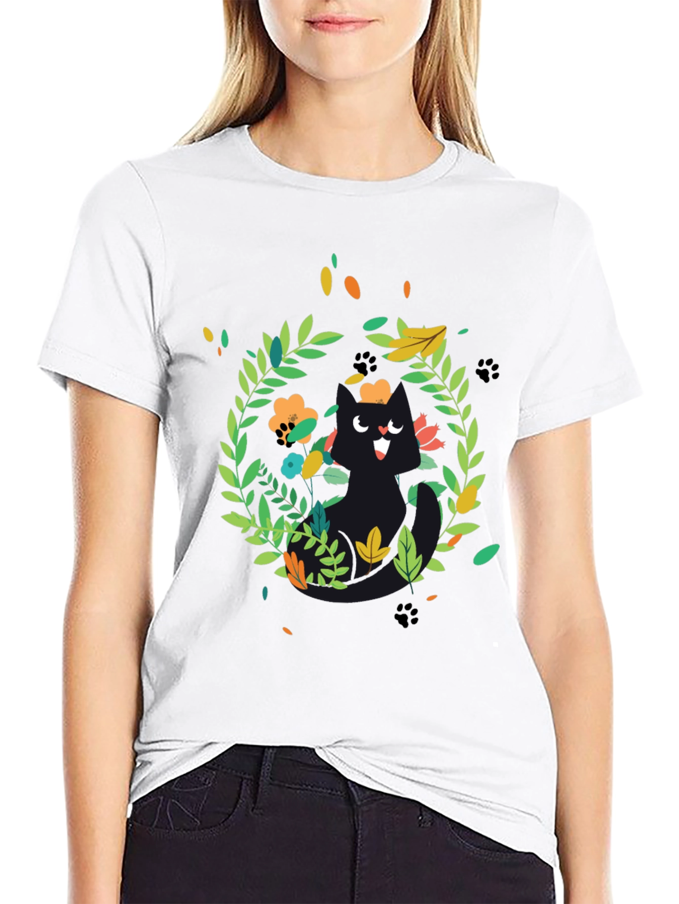 Whimsical Cat Floral Wreath Black T-Shirt