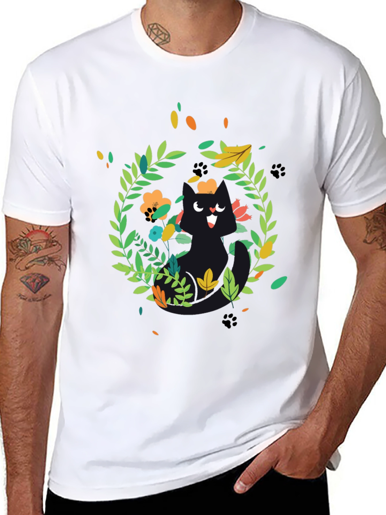 Whimsical Cat Floral Wreath Black T-Shirt