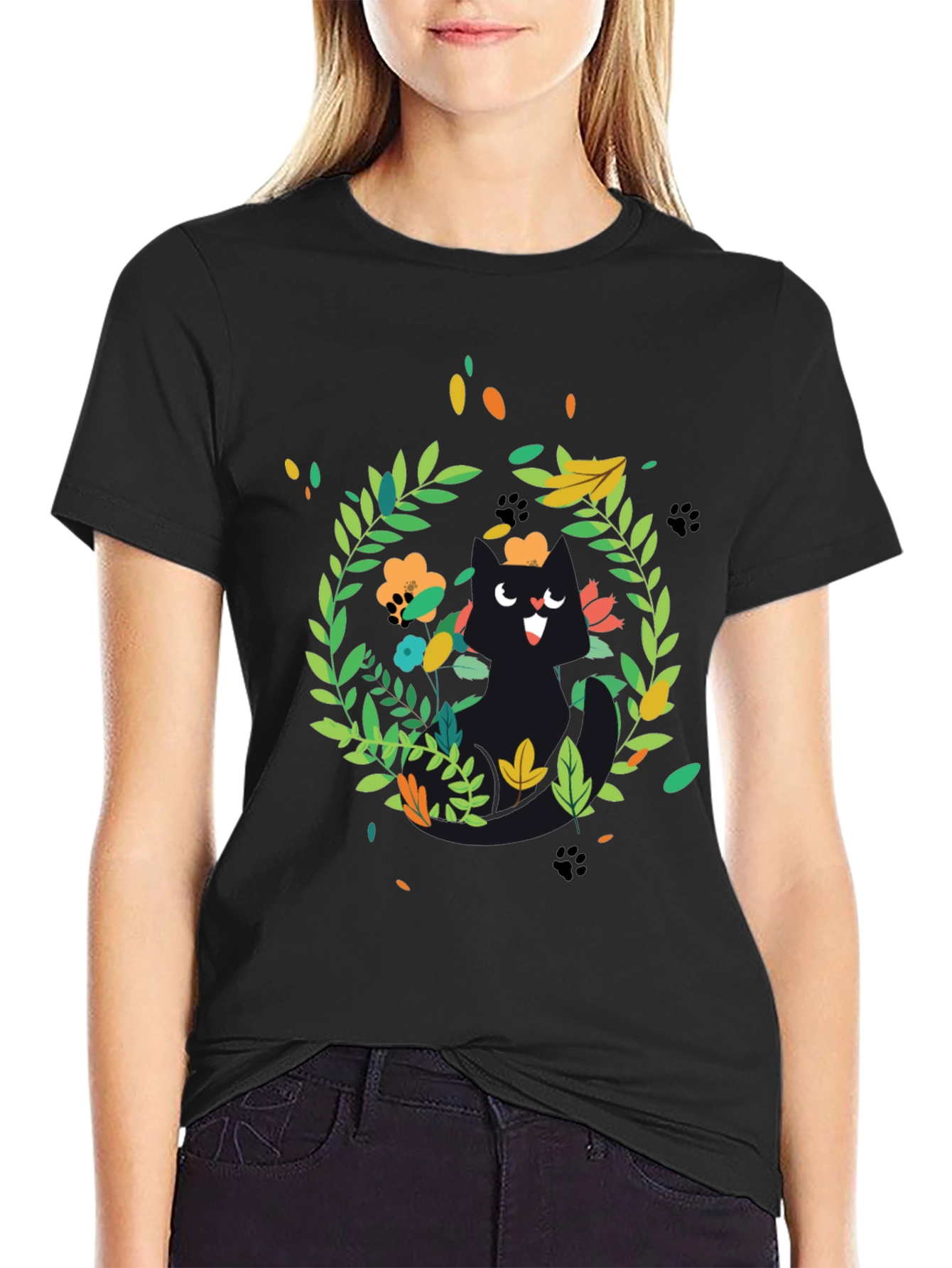 Whimsical Cat Floral Wreath Black T-Shirt
