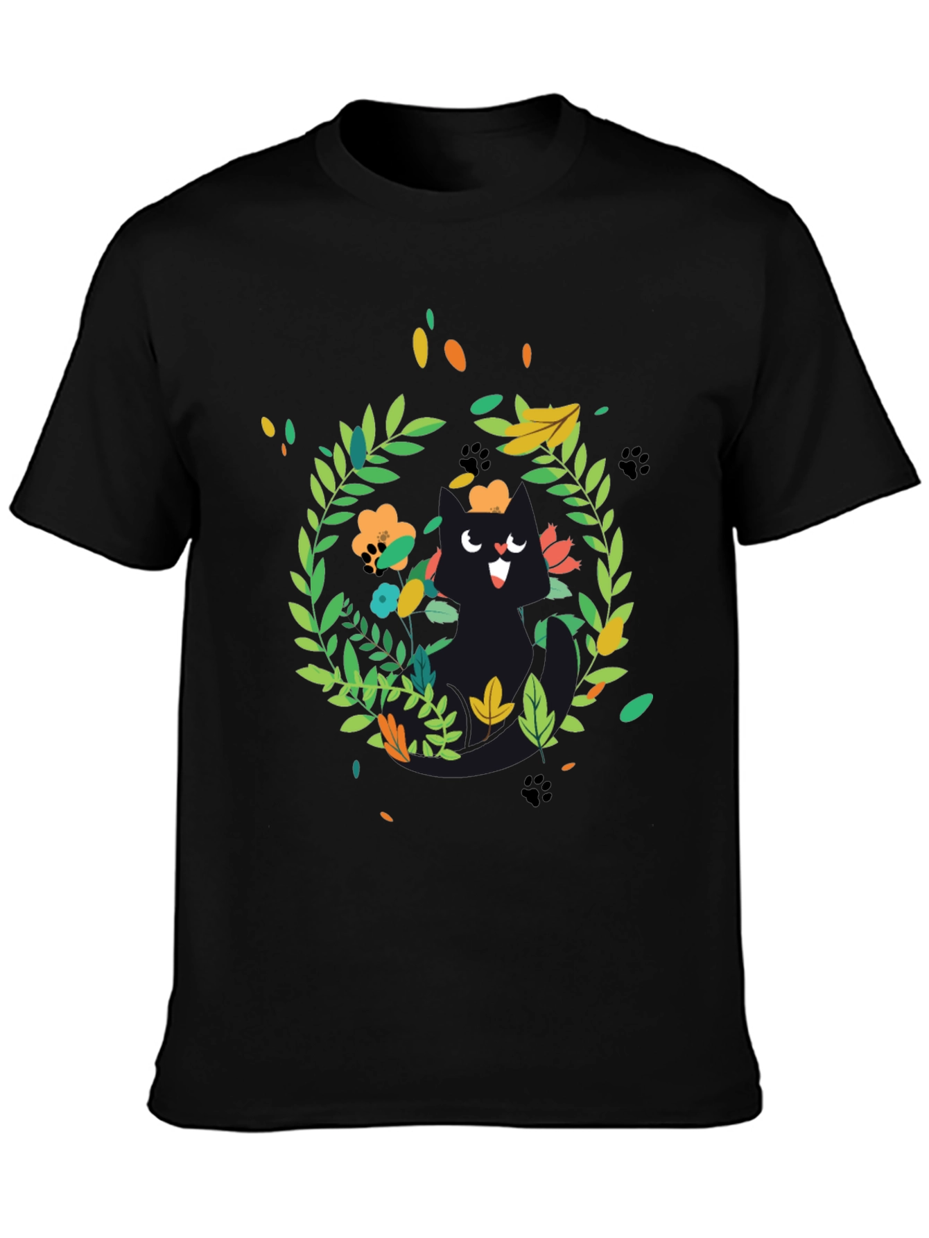 Whimsical Cat Floral Wreath Black T-Shirt
