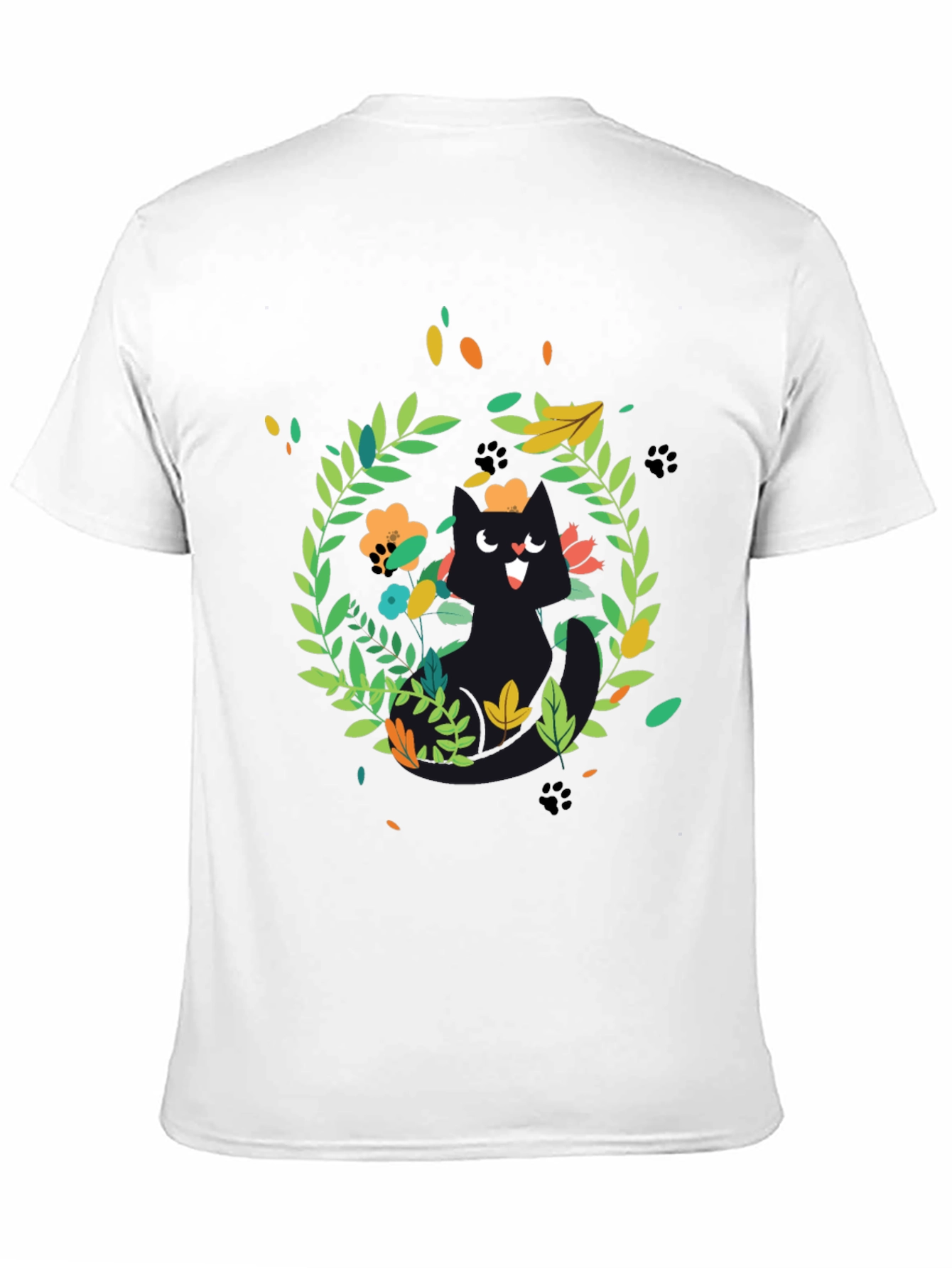 Whimsical Cat Floral Wreath Black T-Shirt