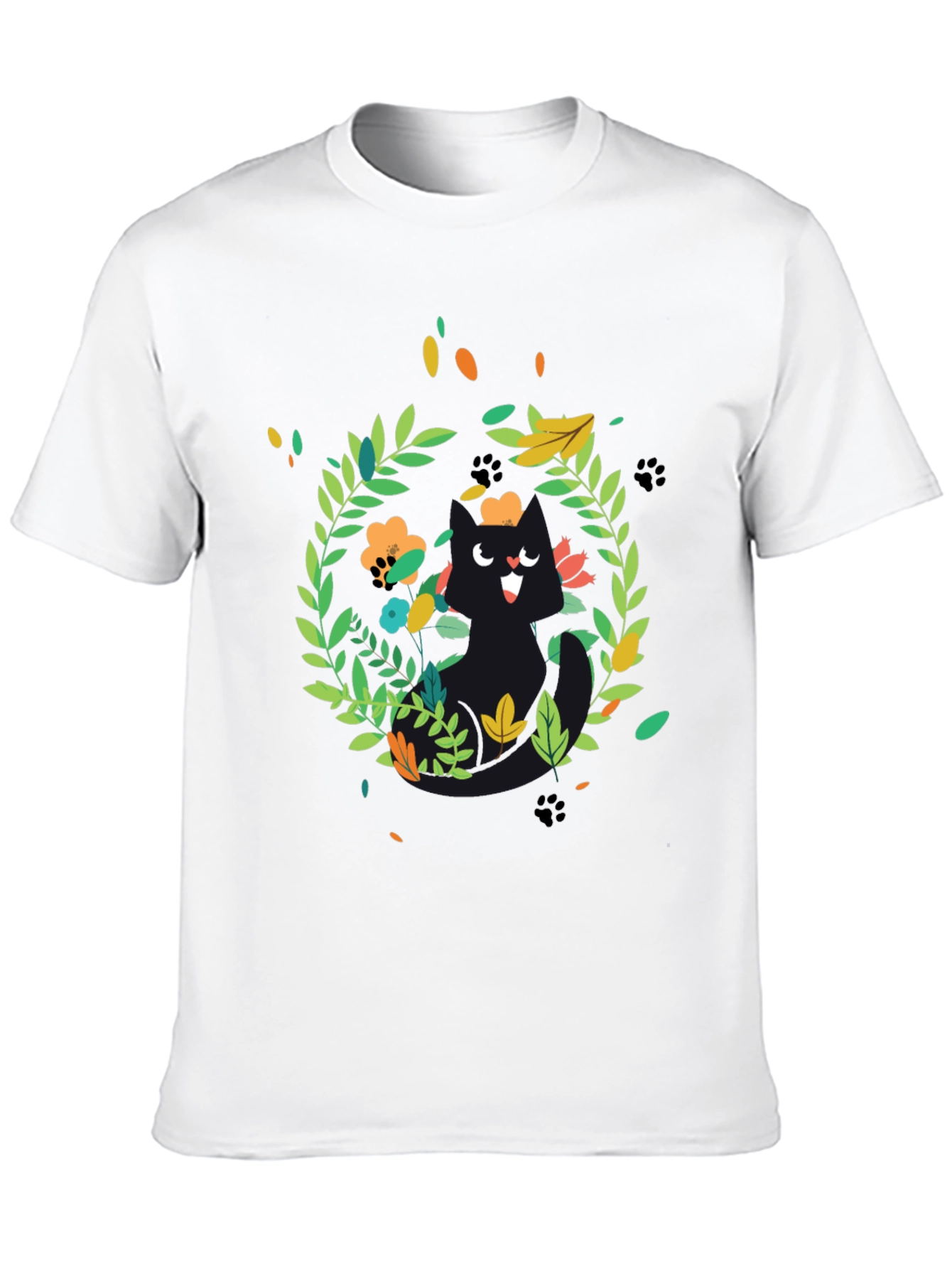 Whimsical Cat Floral Wreath Black T-Shirt