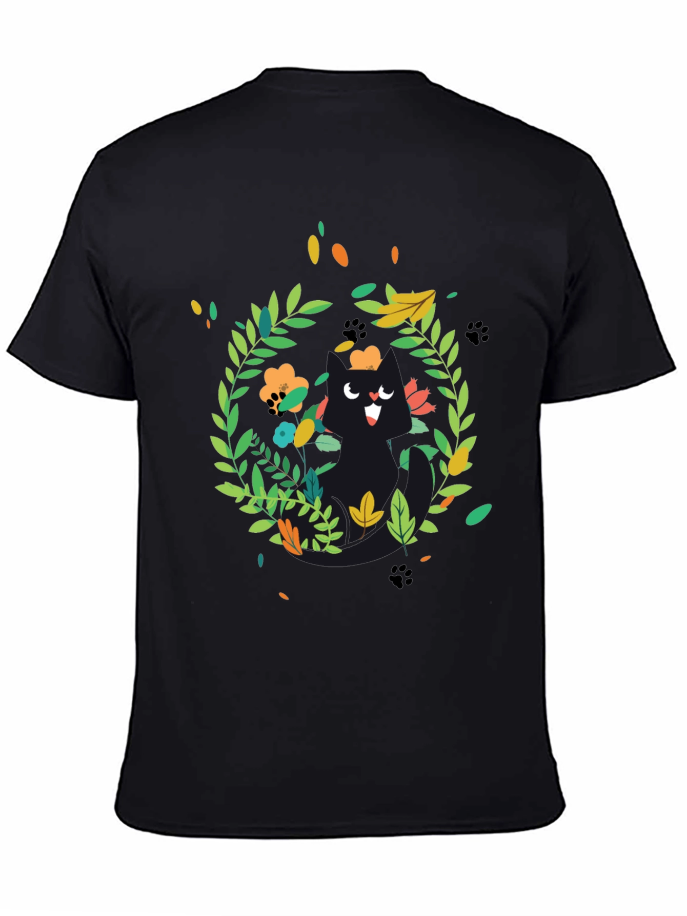 Whimsical Cat Floral Wreath Black T-Shirt