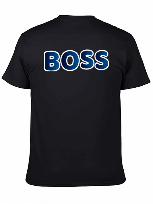 Boss T-Shirt - Blue & White Lettering Black Tee