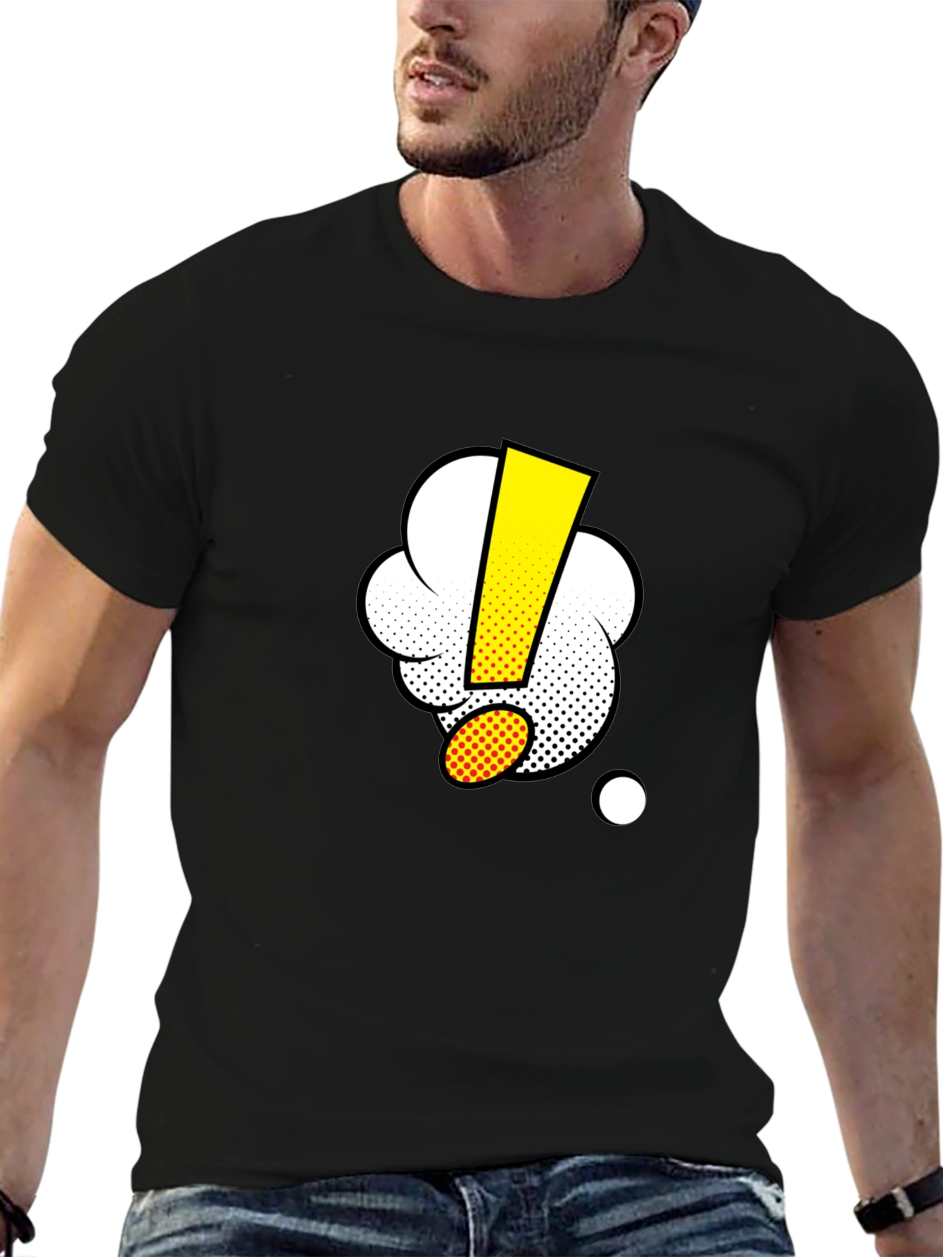 Black T-Shirt with Cartoon Exclamation Point