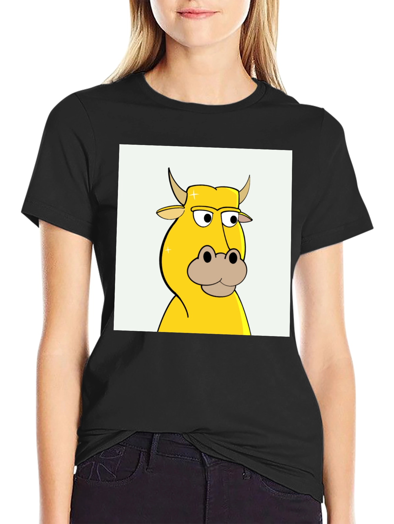 Cartoon Cow Graphic Tee - Black