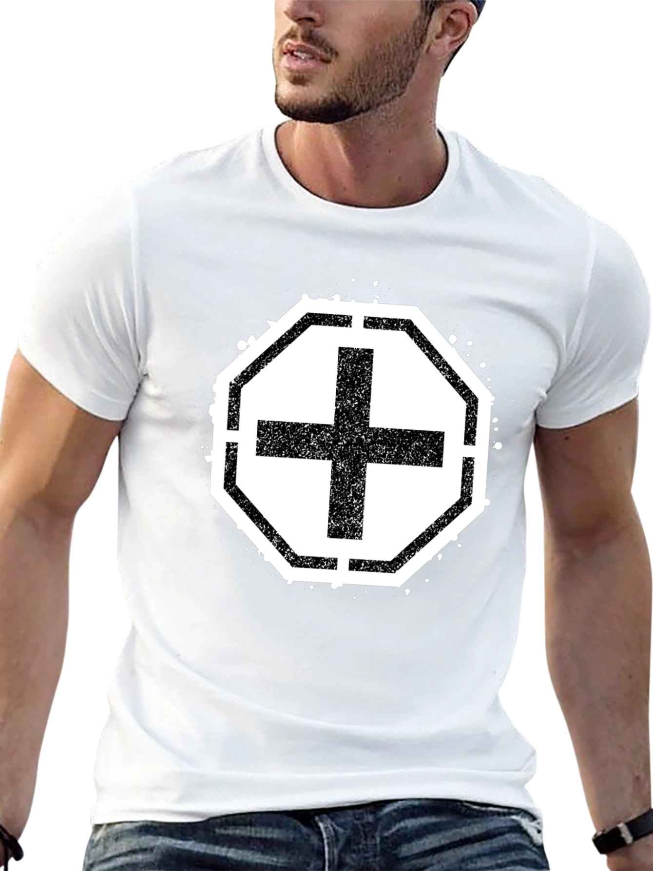 Black T-Shirt with Grunge Cross Design