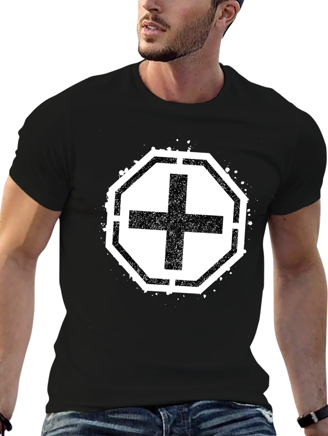 Black T-Shirt with Grunge Cross Design