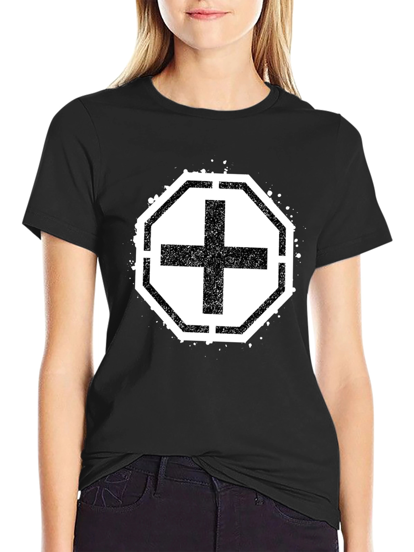 Black T-Shirt with Grunge Cross Design