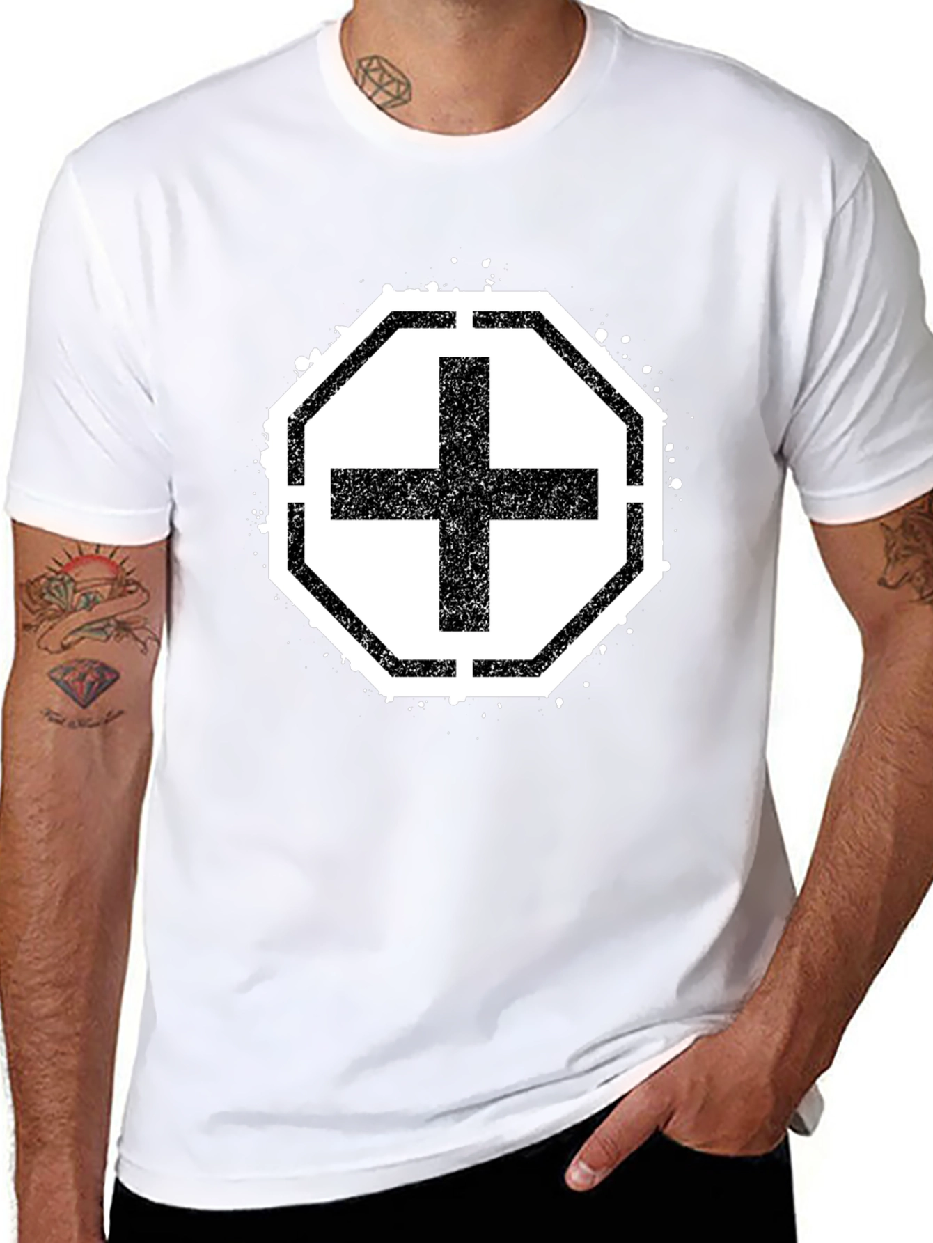 Black T-Shirt with Grunge Cross Design