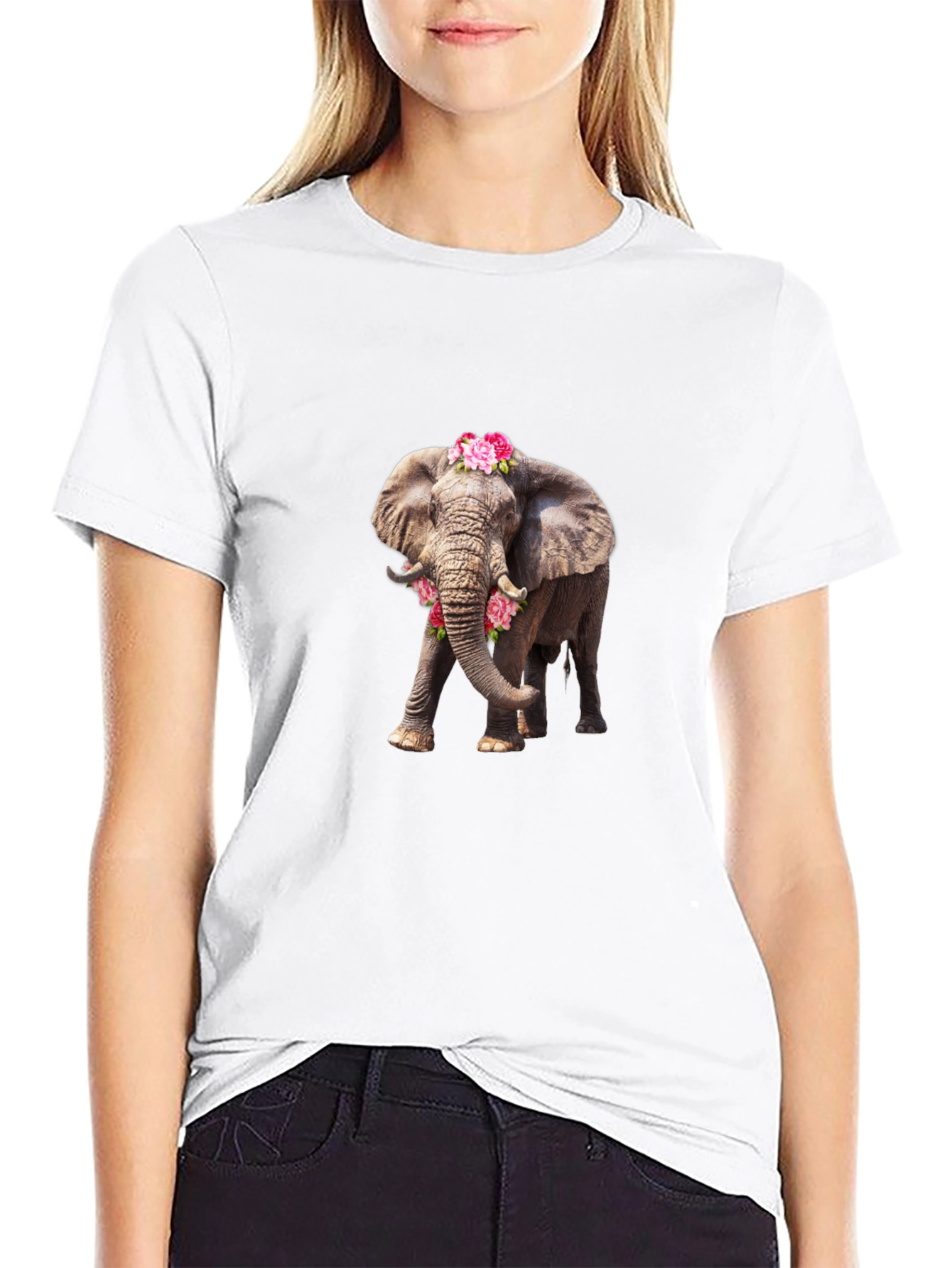 Elephant with Flowers Black Tee