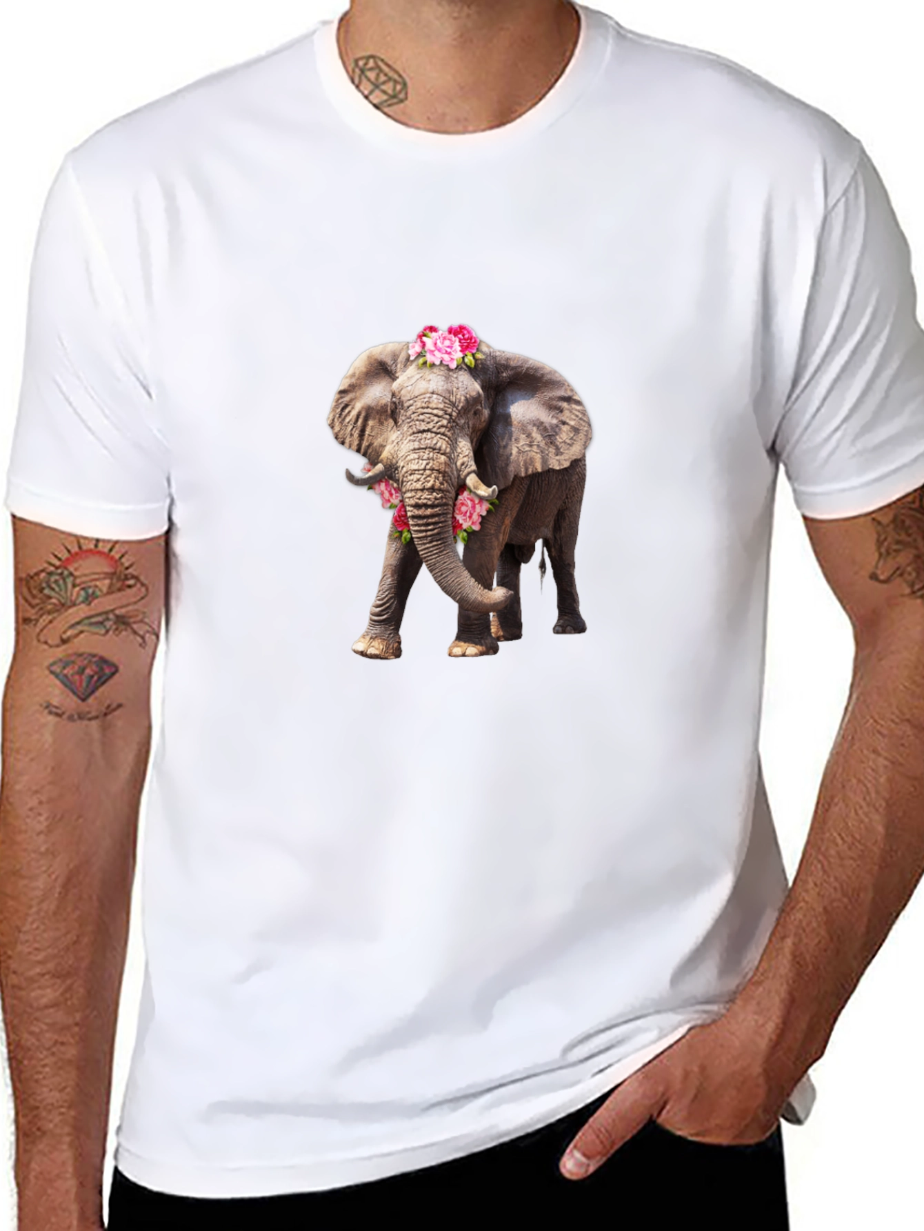 Elephant with Flowers Black Tee