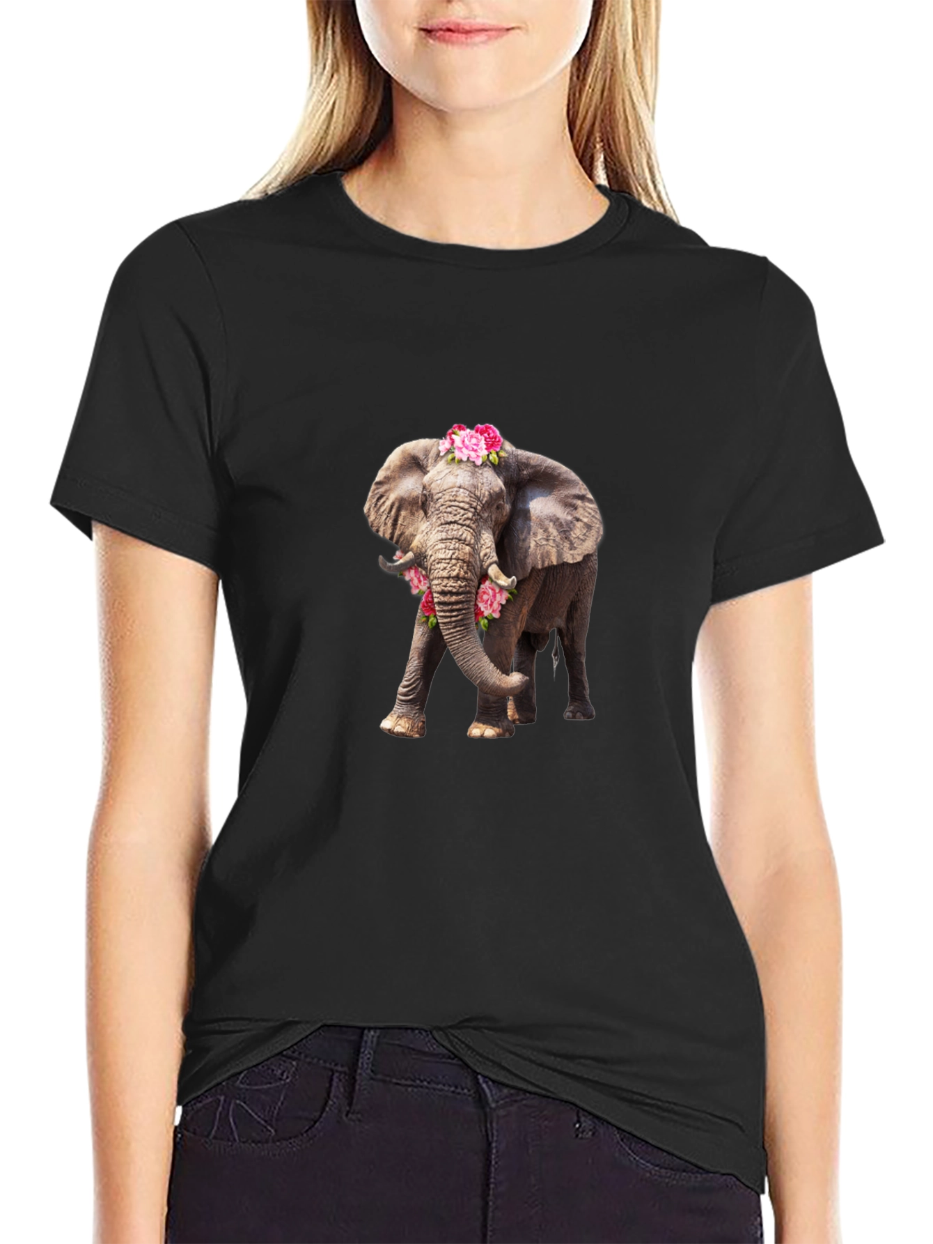 Elephant with Flowers Black Tee