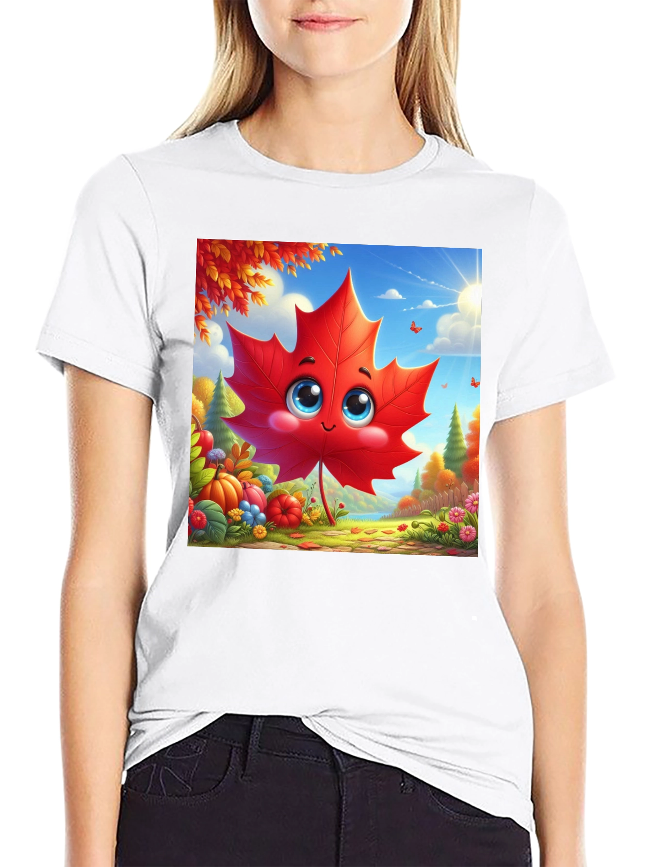 Cute Autumn Leaf Cartoon Graphic T-Shirt