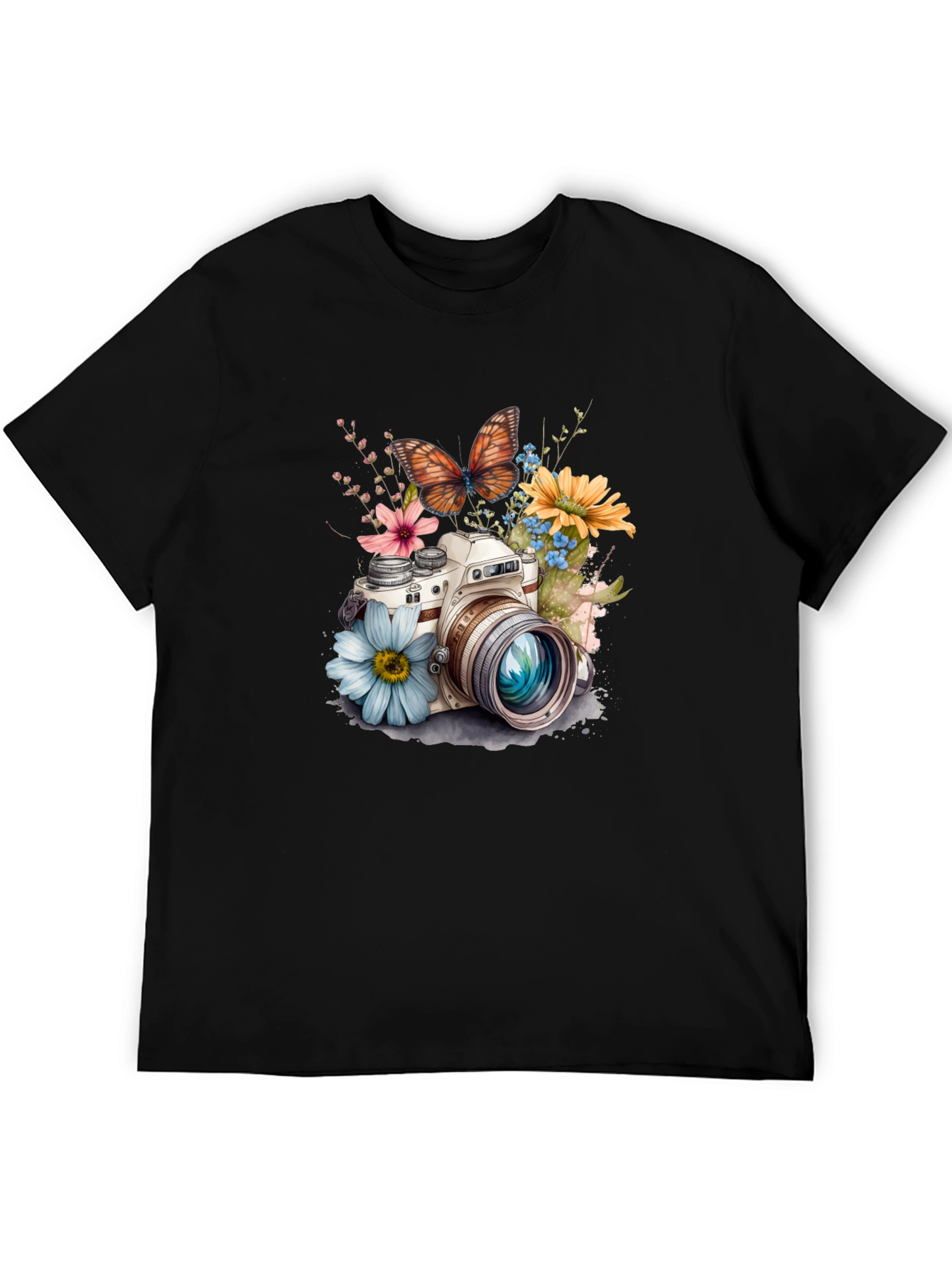 Floral Camera Graphic Tee - Stylish Black T-Shirt