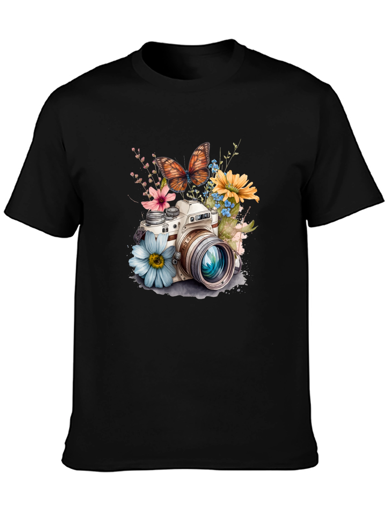 Floral Camera Graphic Tee - Stylish Black T-Shirt