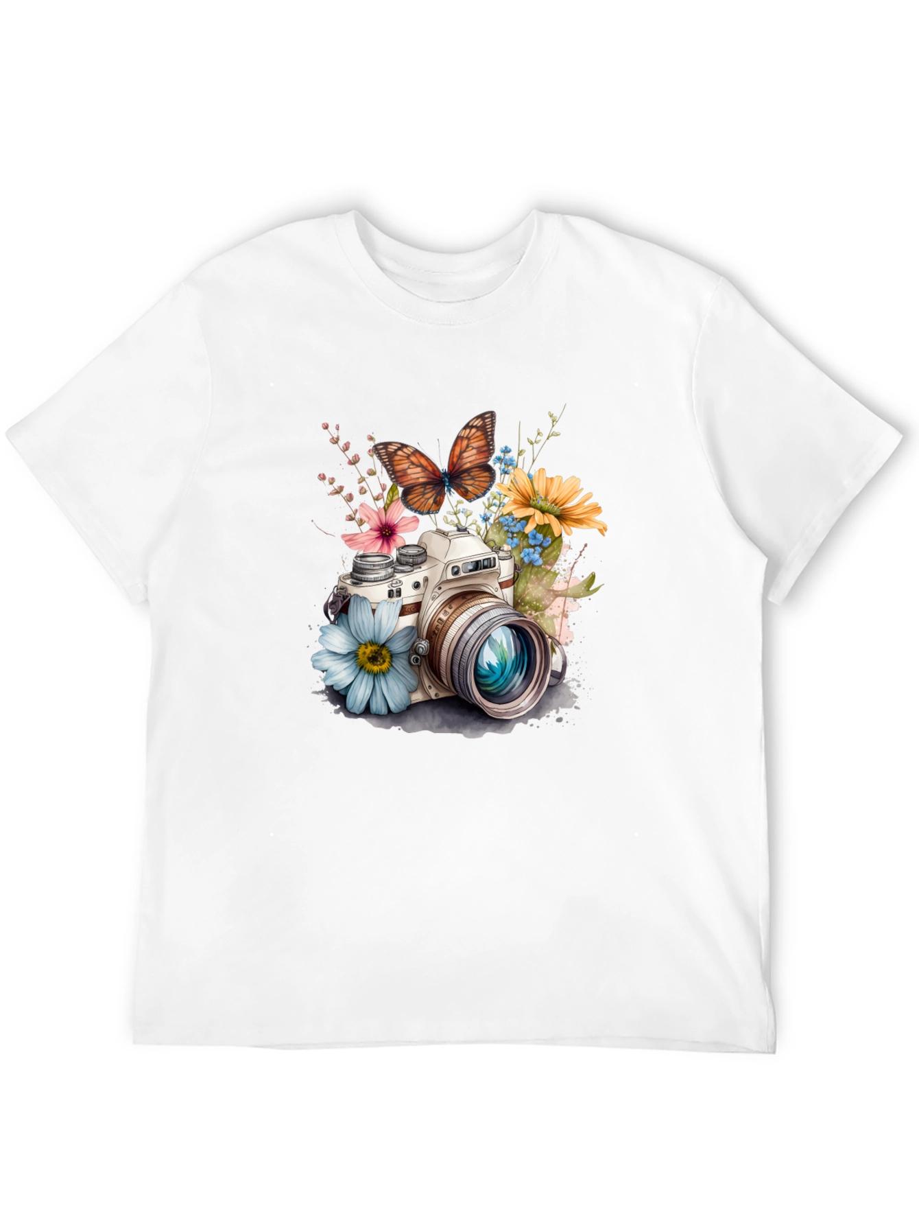 Floral Camera Graphic Tee - Stylish Black T-Shirt