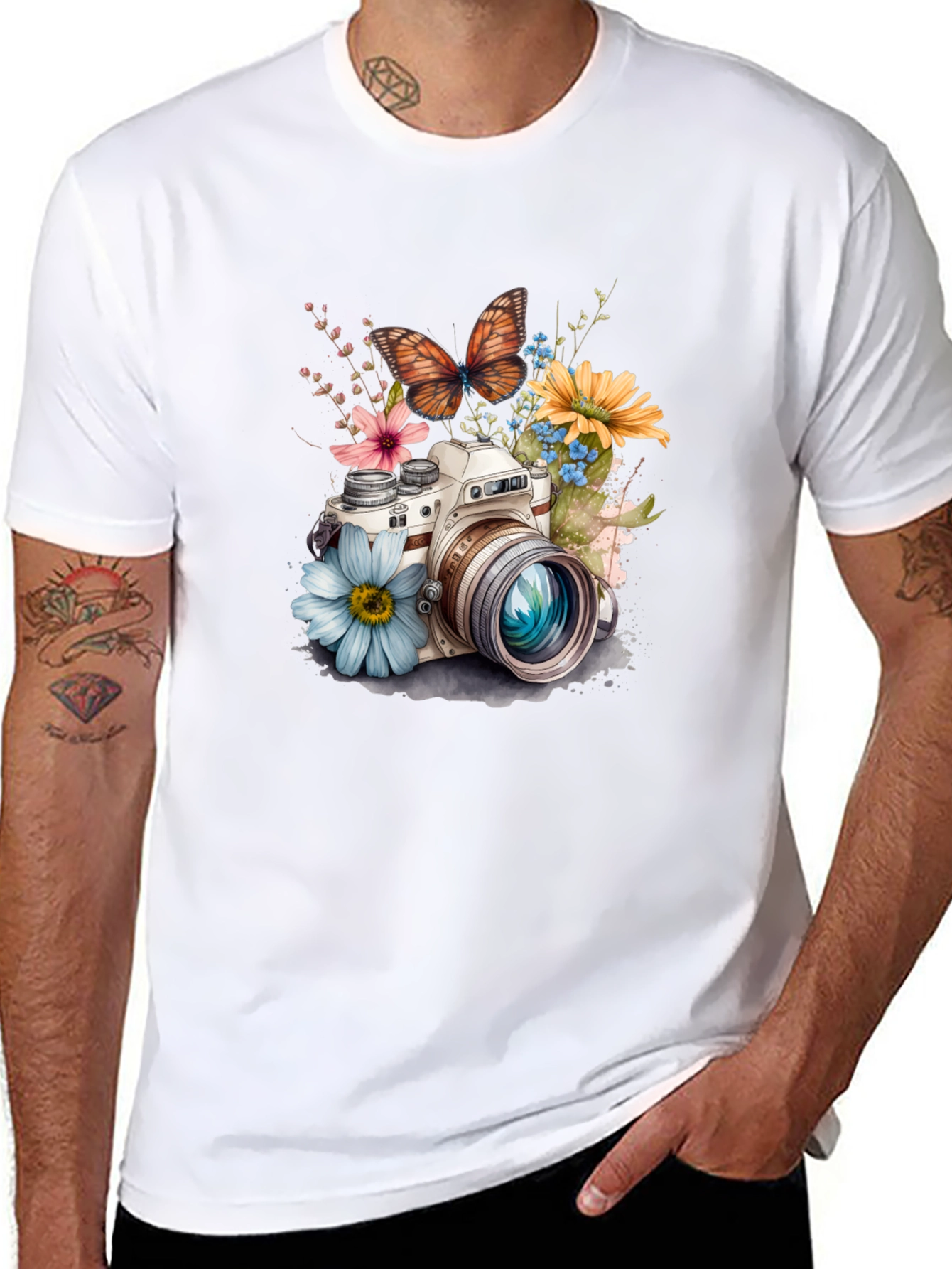 Floral Camera Graphic Tee - Stylish Black T-Shirt