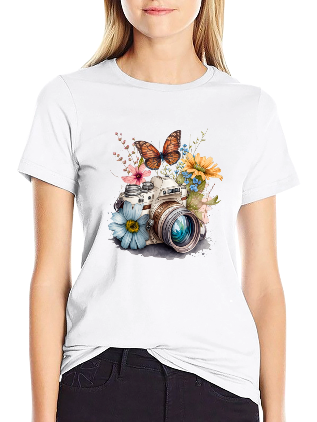 Floral Camera Graphic Tee - Stylish Black T-Shirt