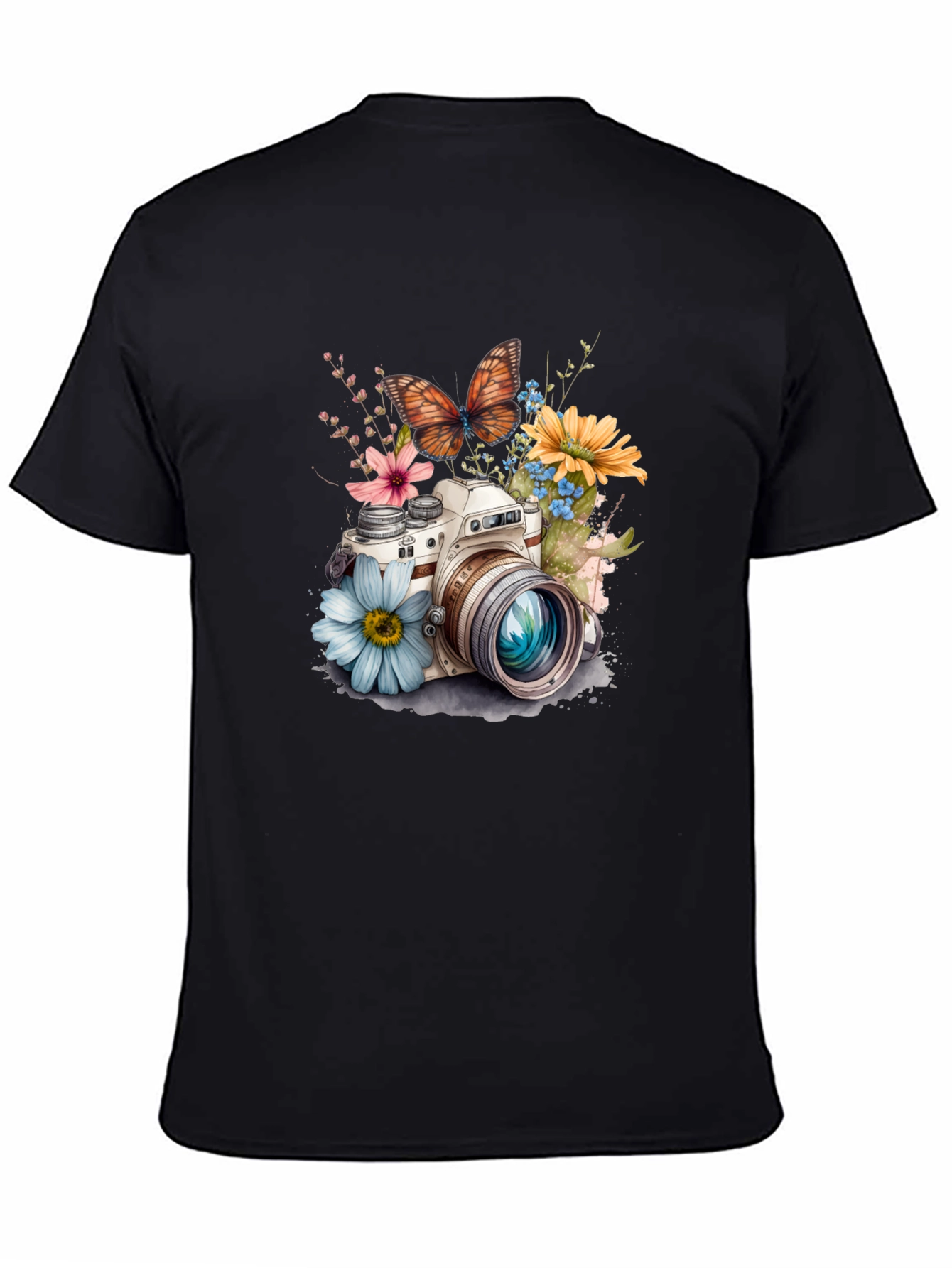 Floral Camera Graphic Tee - Stylish Black T-Shirt