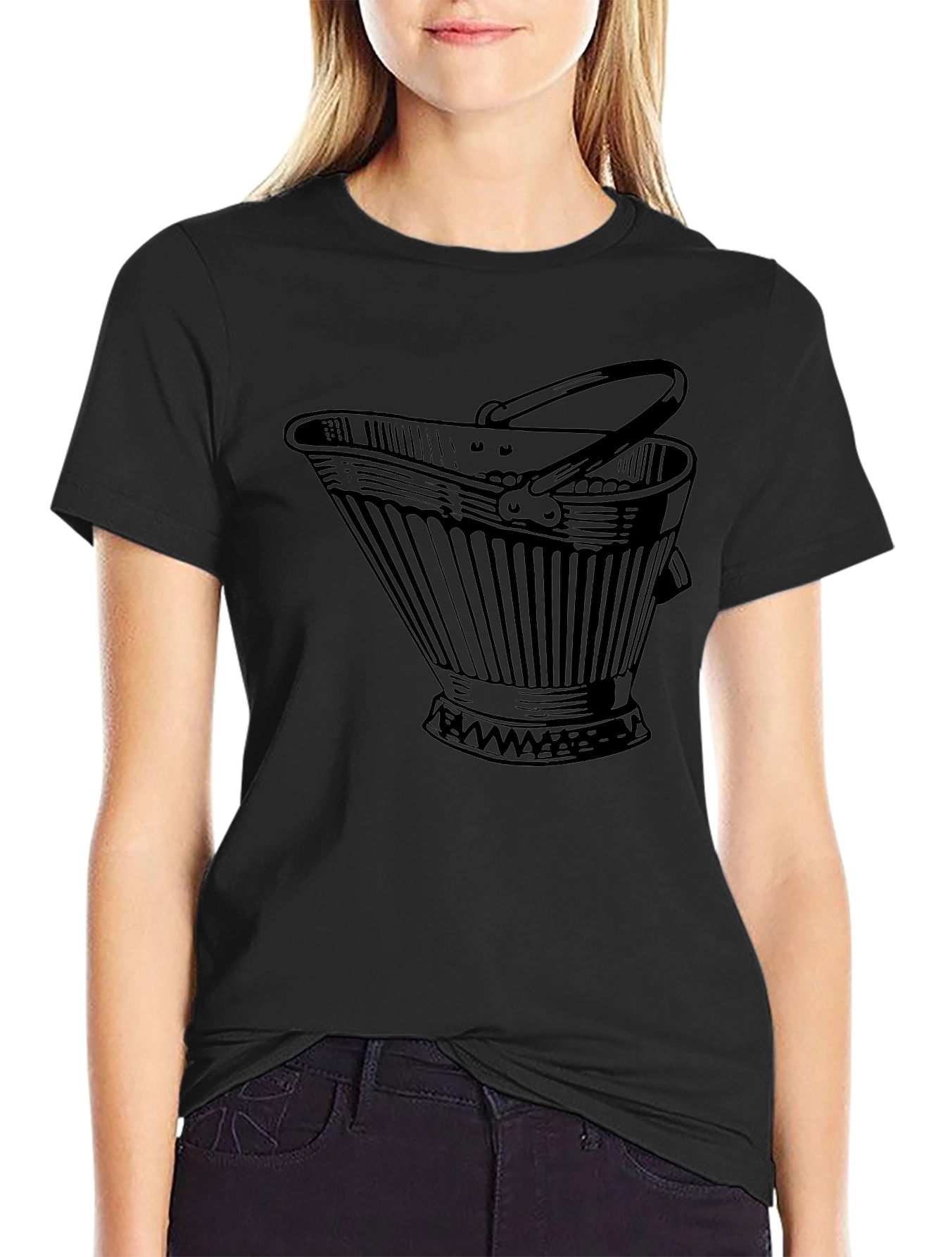 Novelty Bucket Graphic Tee - Black Cotton Casual T-Shirt