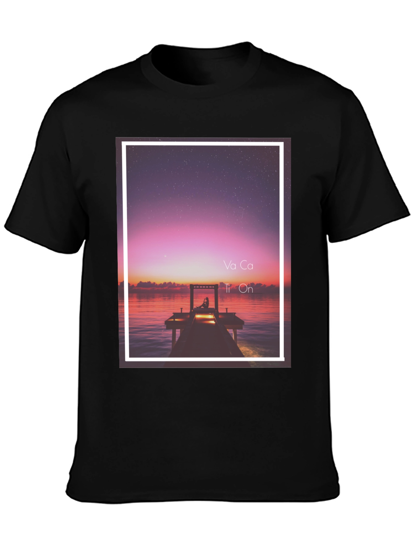 Sunset Dock Graphic Tee - Relaxed Fit Black T-Shirt