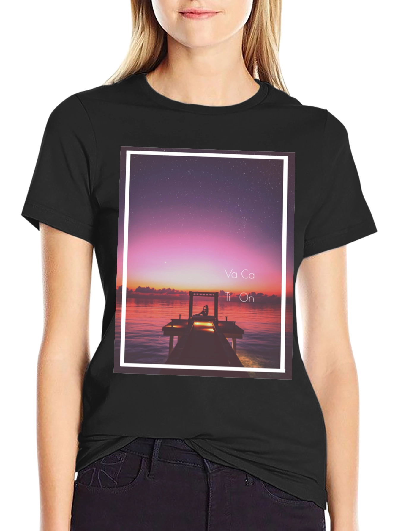 Sunset Dock Graphic Tee - Relaxed Fit Black T-Shirt