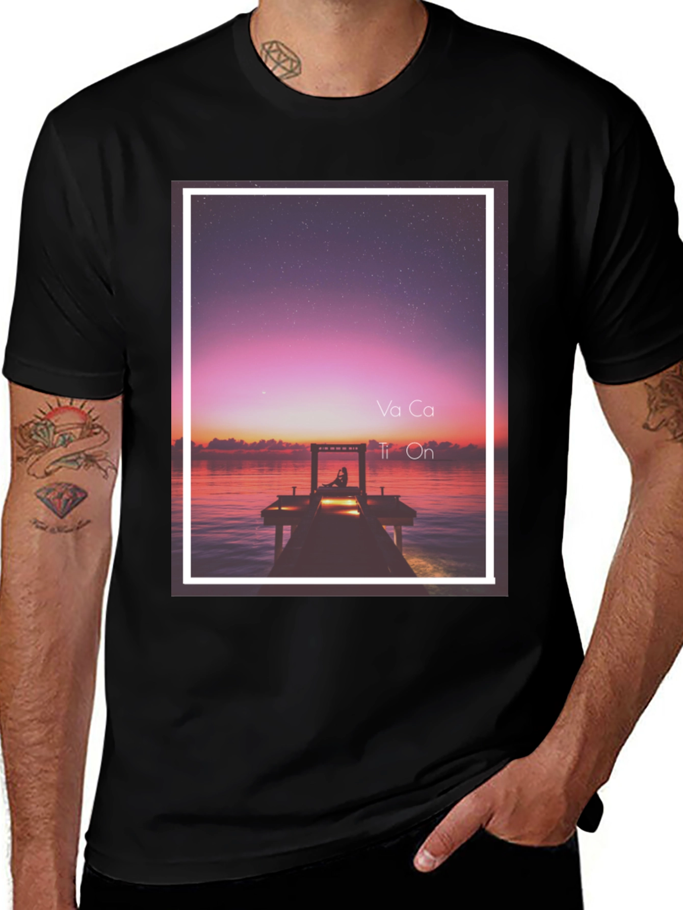 Sunset Dock Graphic Tee - Relaxed Fit Black T-Shirt