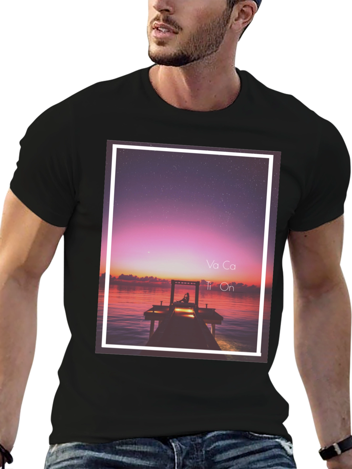 Sunset Dock Graphic Tee - Relaxed Fit Black T-Shirt