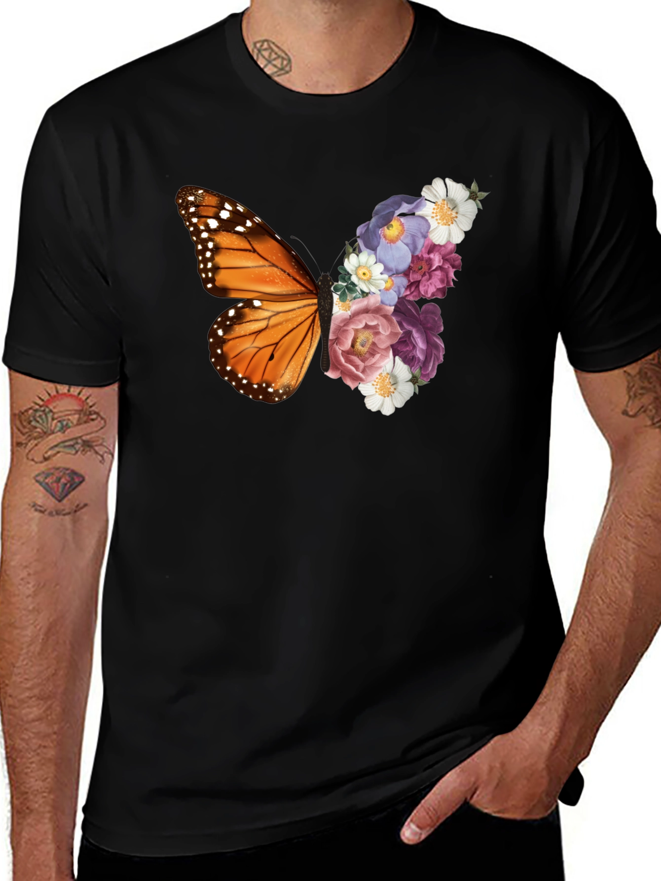 Butterfly Floral Print Black T-Shirt