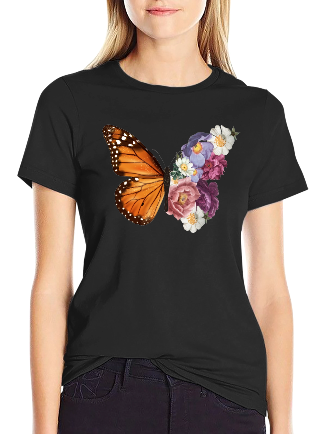 Butterfly Floral Print Black T-Shirt
