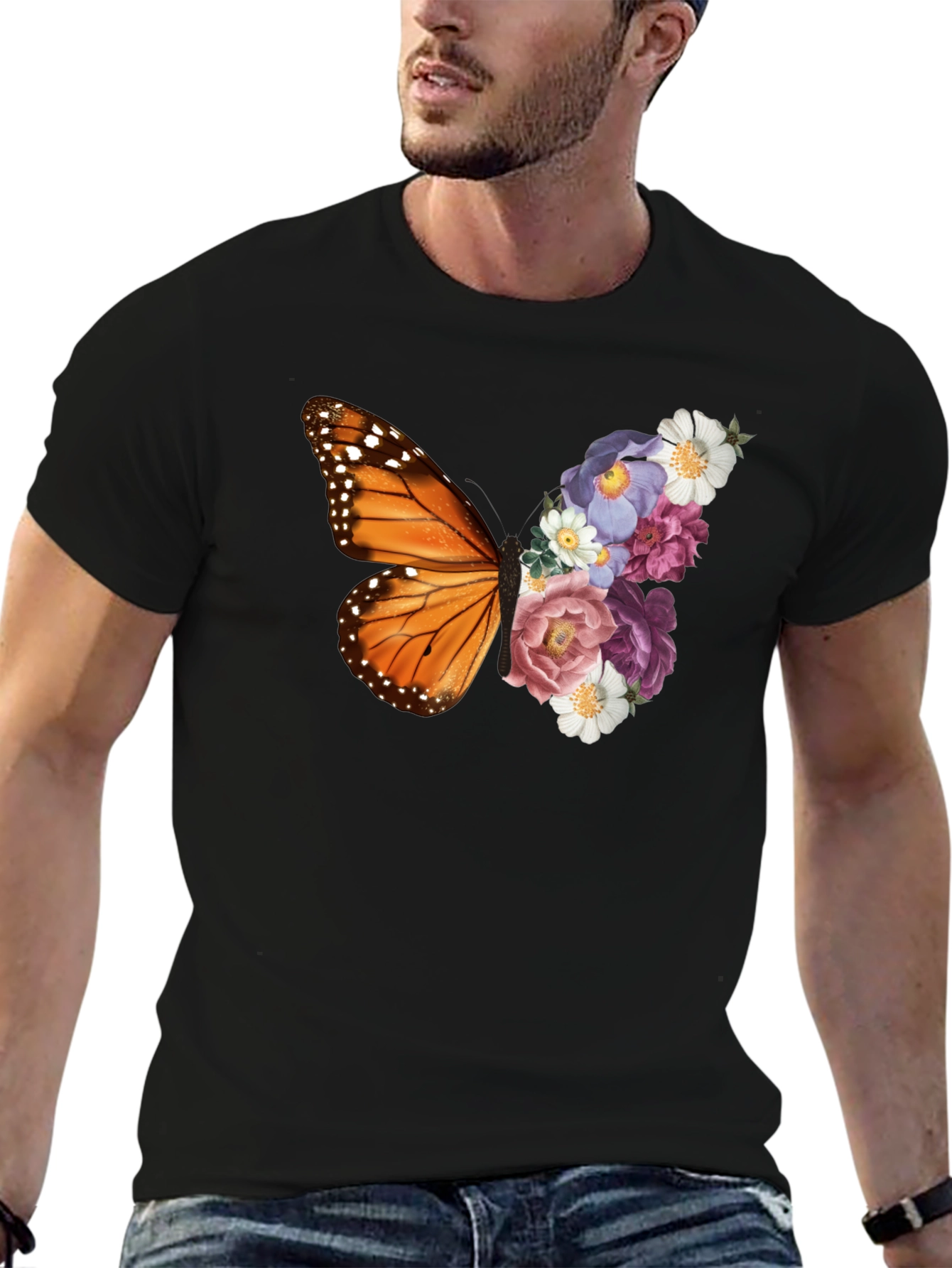 Butterfly Floral Print Black T-Shirt