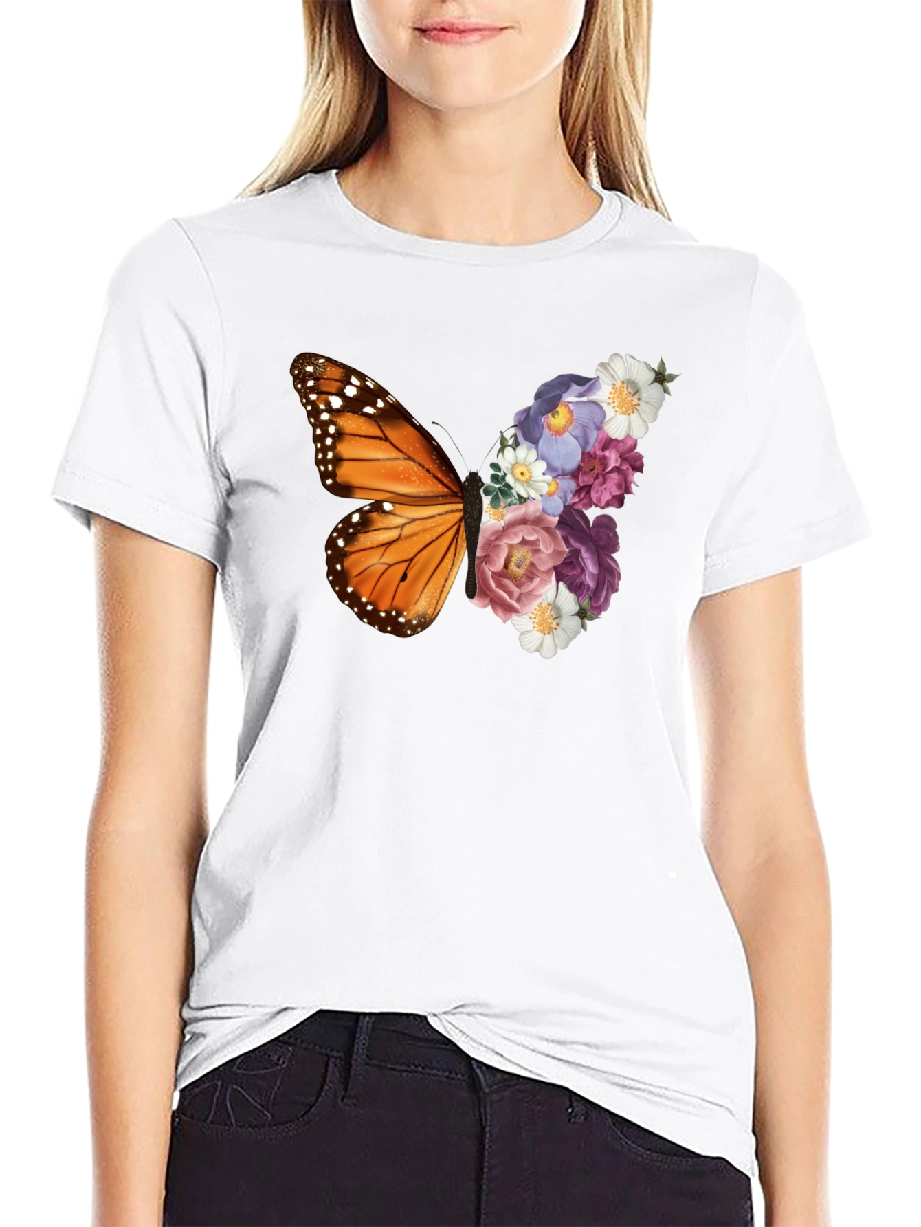 Butterfly Floral Print Black T-Shirt