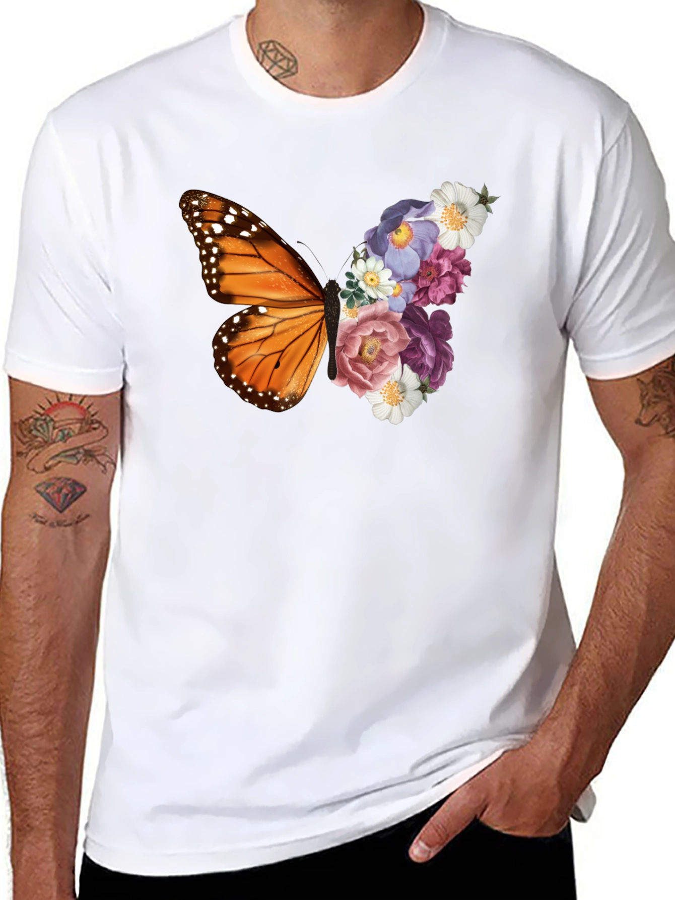 Butterfly Floral Print Black T-Shirt