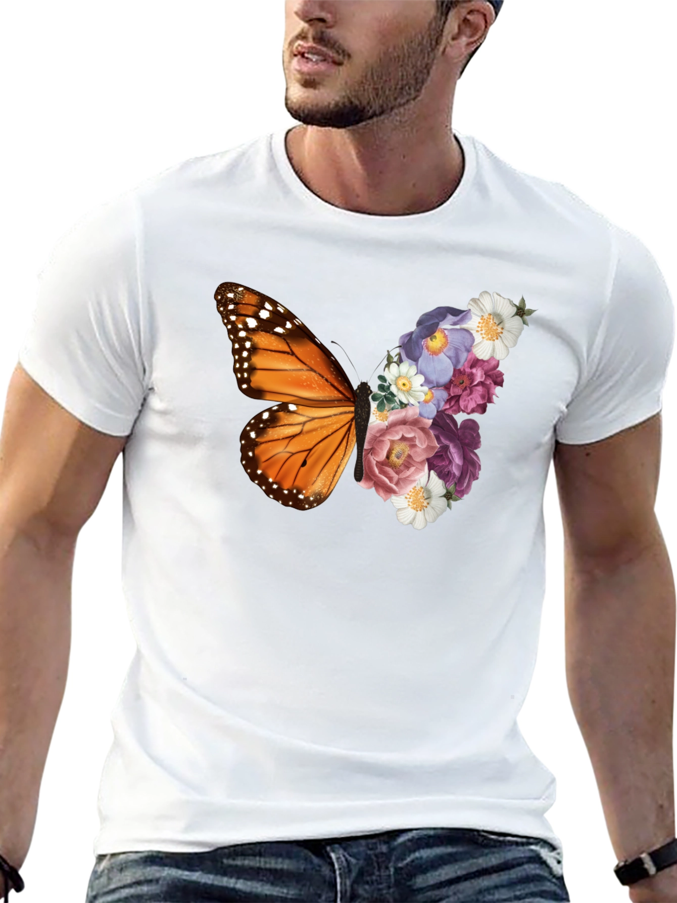 Butterfly Floral Print Black T-Shirt