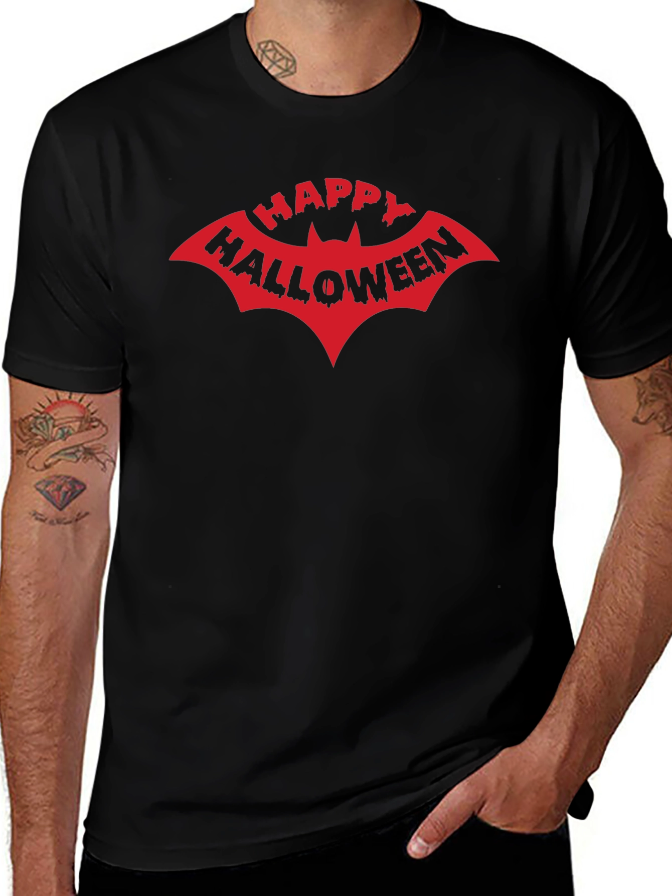 Happy Halloween Bat Graphic T-Shirt - Black