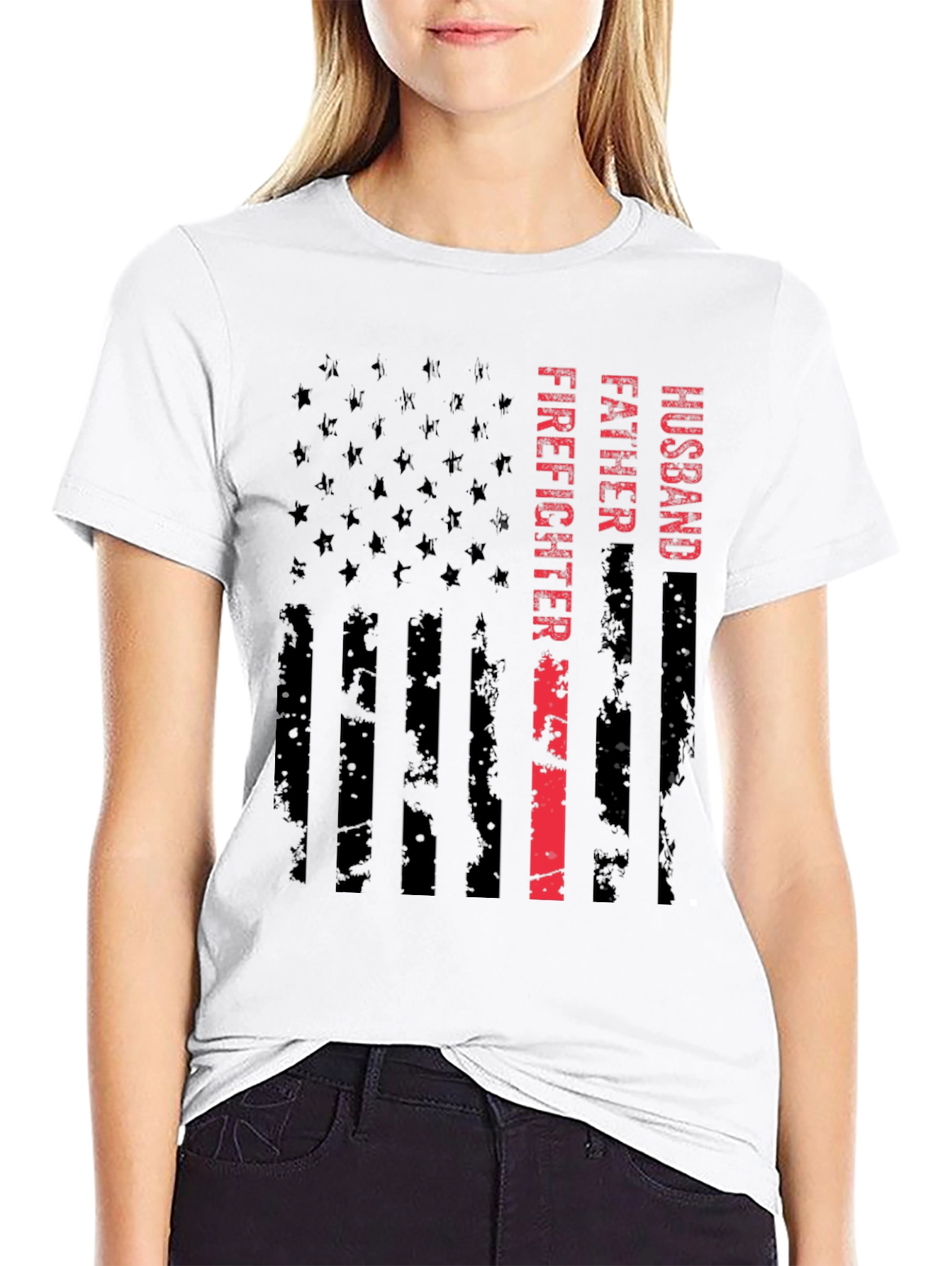 Husband Father Firefighter American Flag Graphic Tee